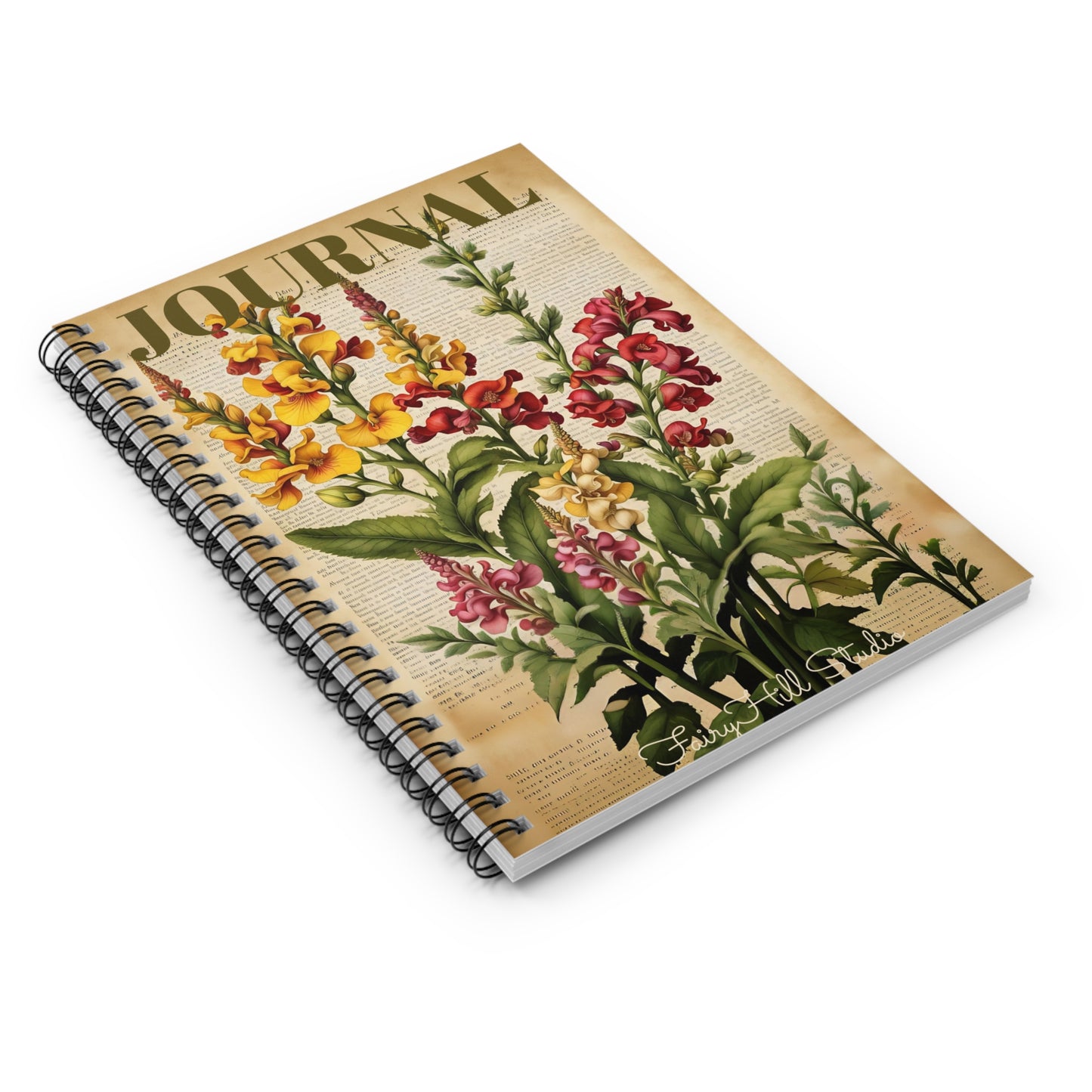 Vintage Botanical Journal - Ruled Line Spiral Notebook with Ink Illustration of Antirrhinum Snapdragons /Fairyhill Studio