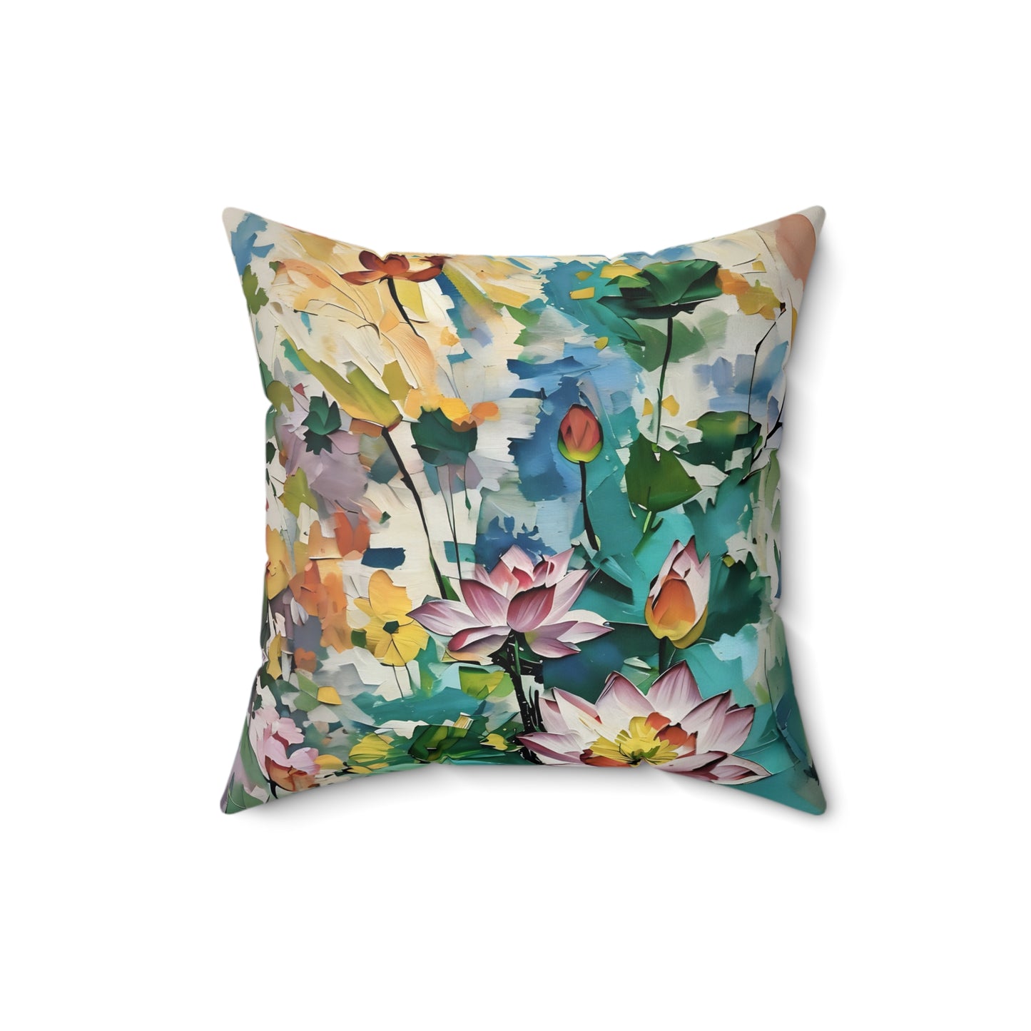 Square Pillow Monet Style Lotus Flowers Art by Fairyhill Studio