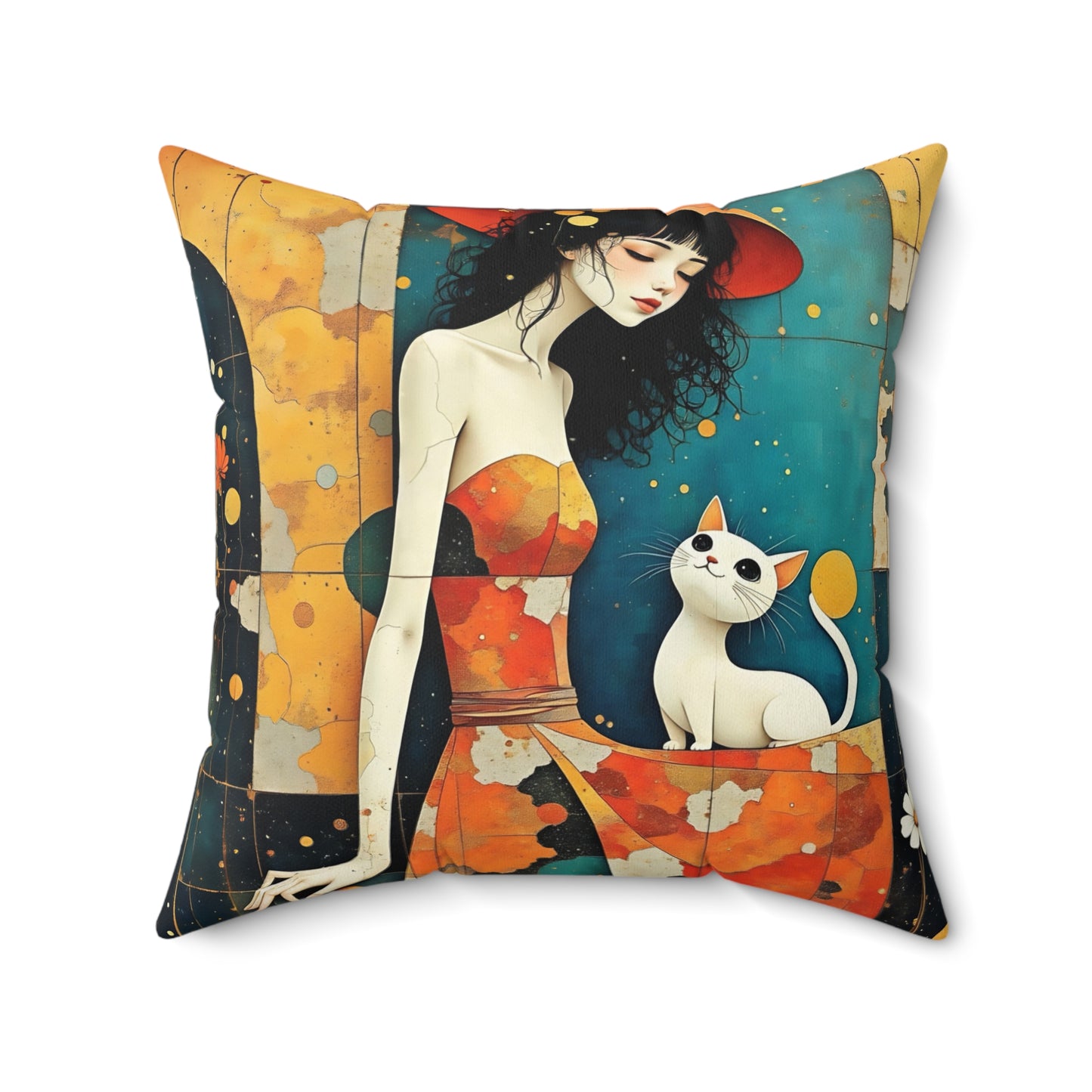 Witch with white  cat  Square Pillow - by Fairyhill Studio