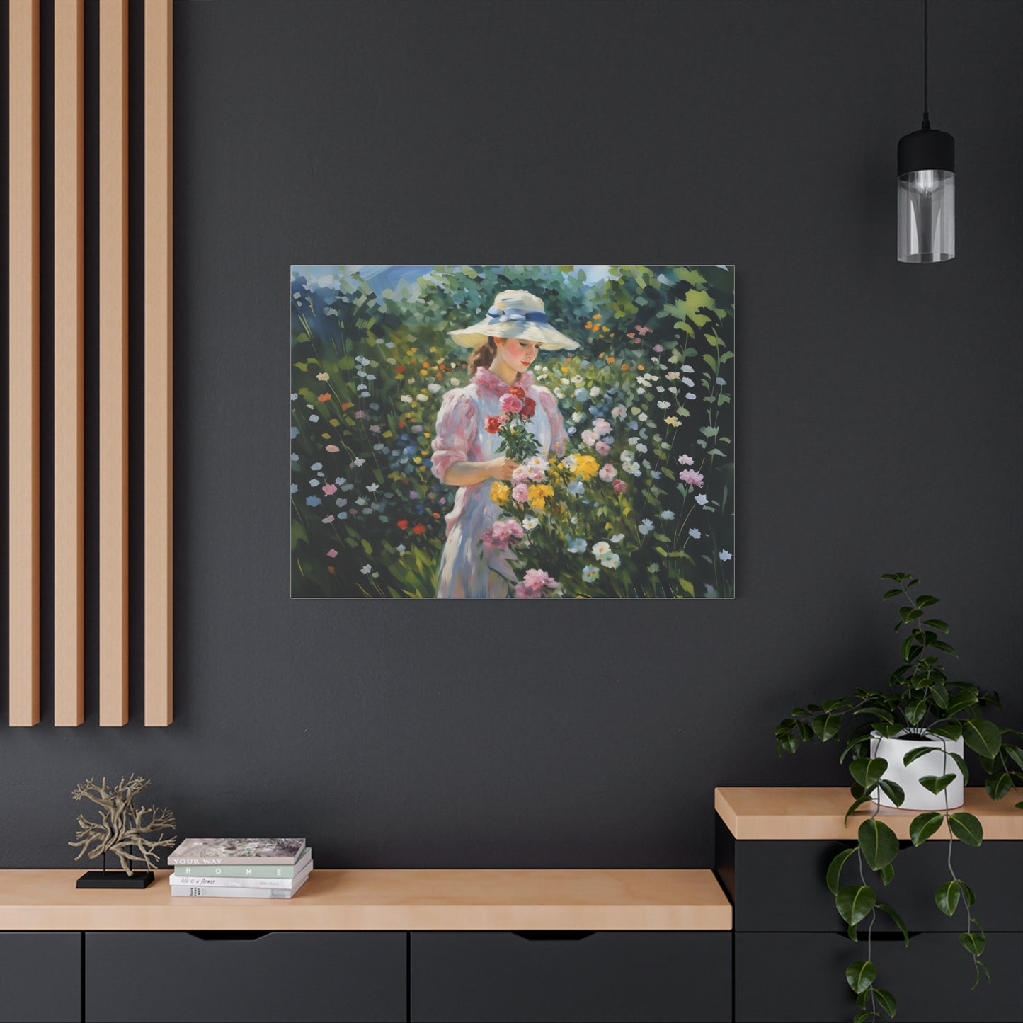 Canvas Art - Monet Style Floral Serenity with Elegant Woman and Flower Basket, Stretched Matte 1 25"