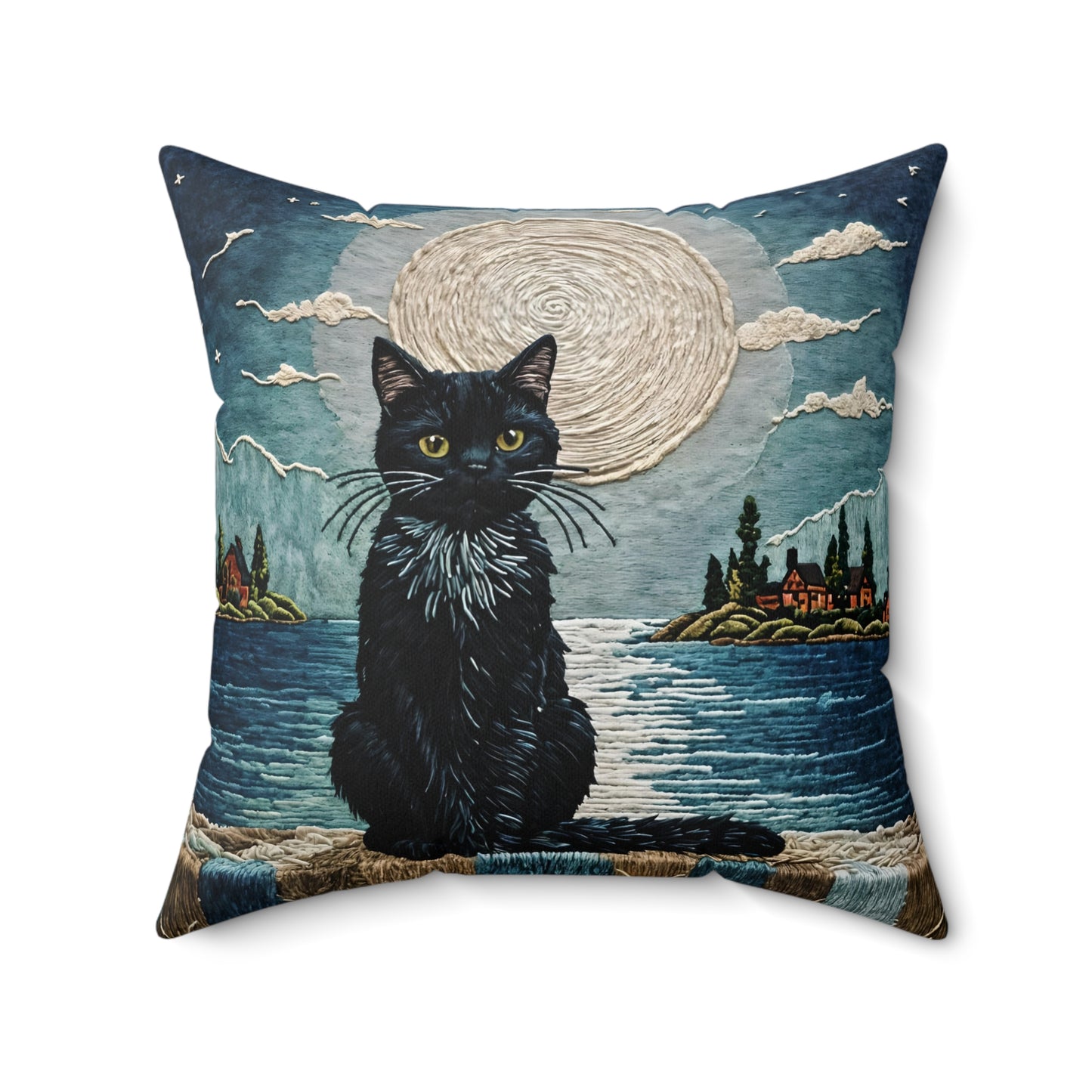 Square Pillow - Cute Black Cat Sitting on Wall Sea View Moonlight Design