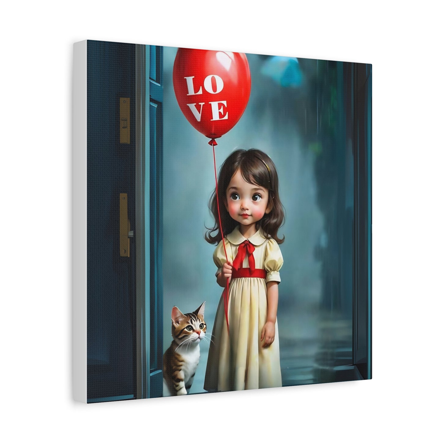 Canvas Print - Cute Girl with Red Love Balloon and Cat Art by Fairyhill Studio