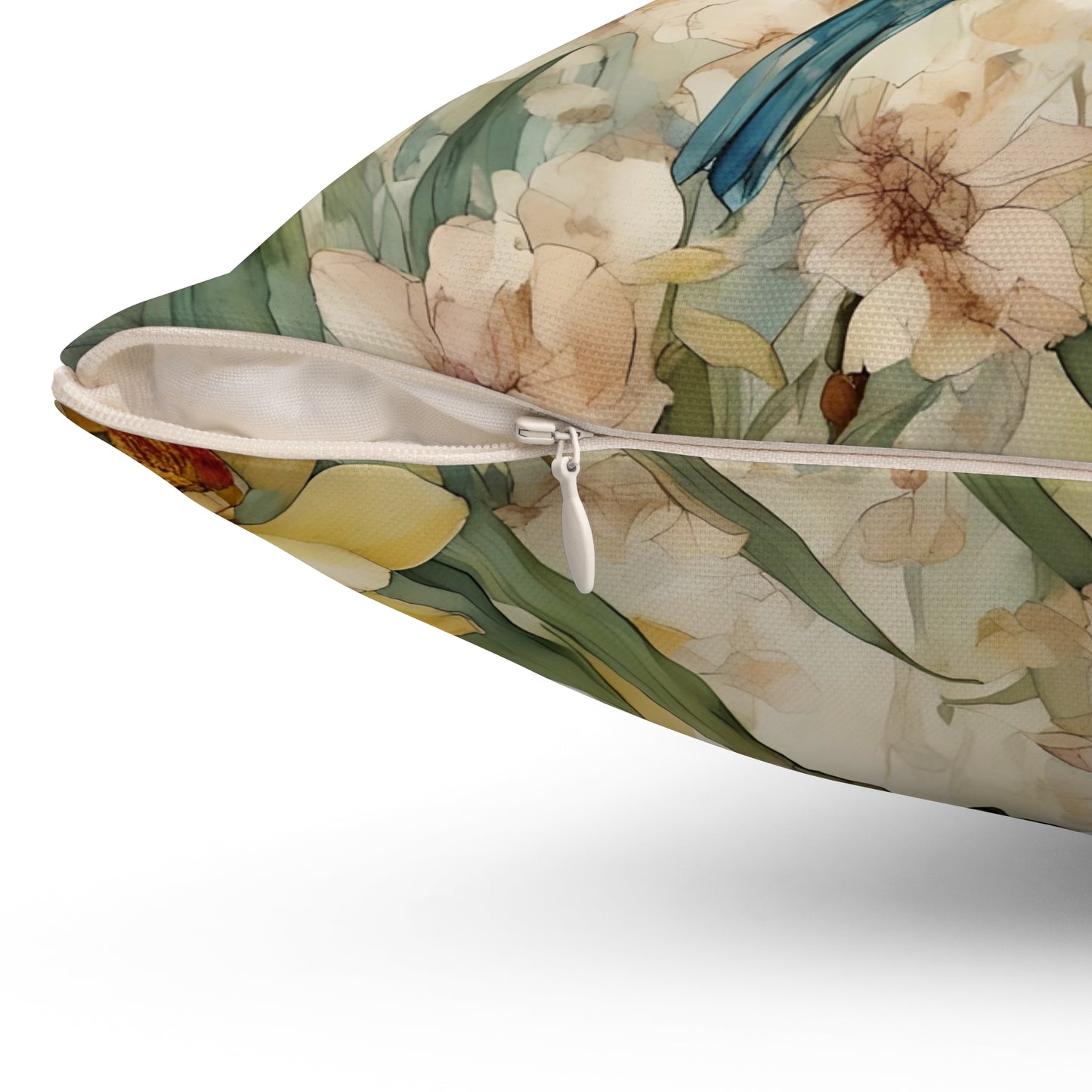 Square Pillow - Yellow Bird Sitting on a Bush - Pastel Tones - Fairyhill Studio Art