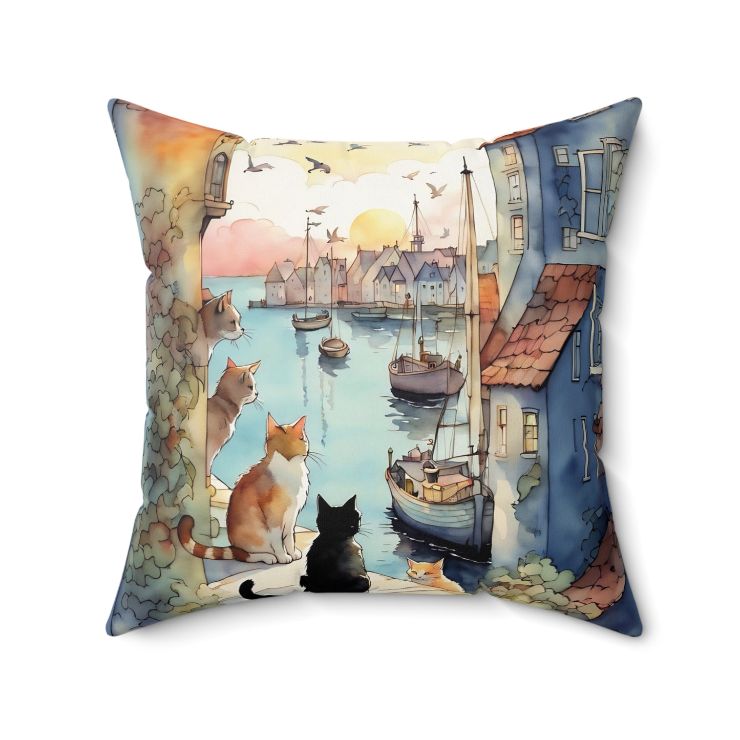 Cats by the Sea Square Pillow - by Fairyhill Studio