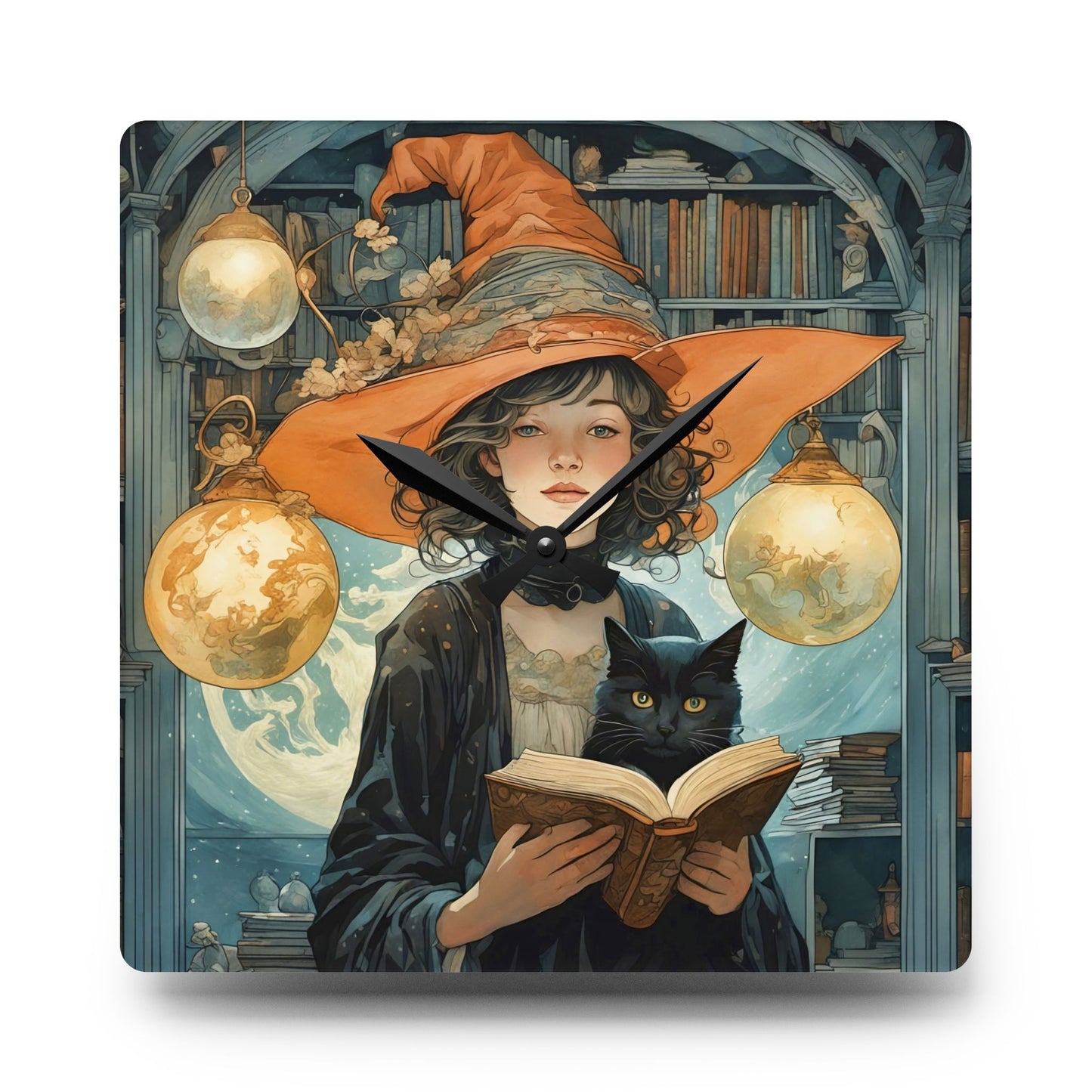 Acrylic Wall Clock - Witch and Black Cat Reading Book Art by Fairyhill Studio