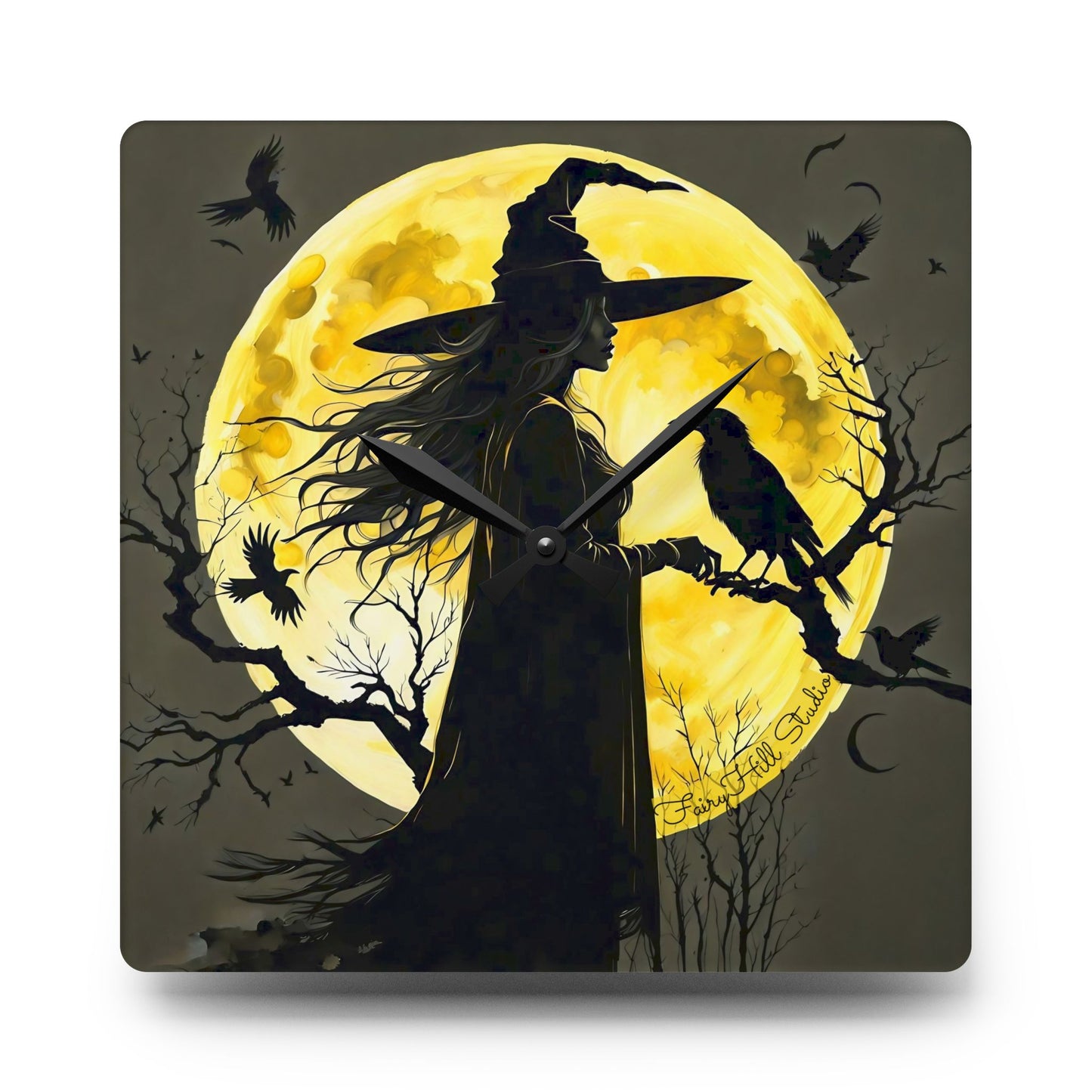 Wall Clock Moon Witch and Crow Halloween Decor