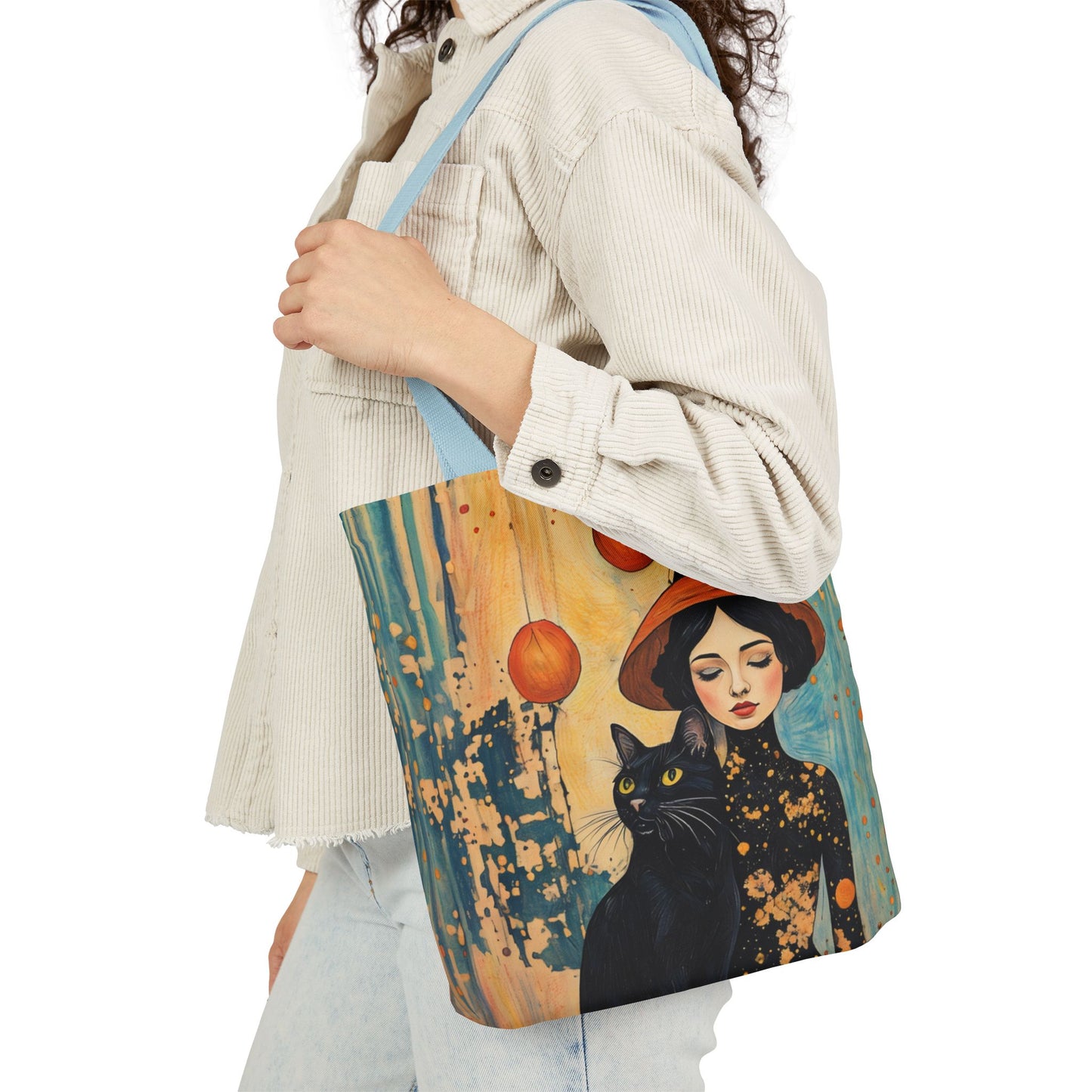 Colorful Witch and black cat-Inspired Canvas Tote Bag - Perfect for Beach Days, Eco-Friendly Shopping, and Summer Fun!
