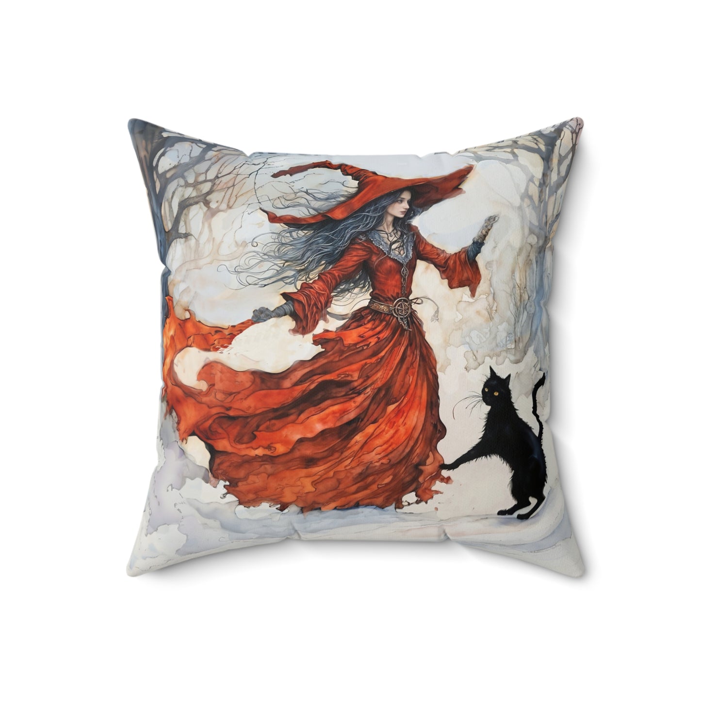 Crimson snow witch with black cat pillow  Square Pillow - by Fairyhill Studio