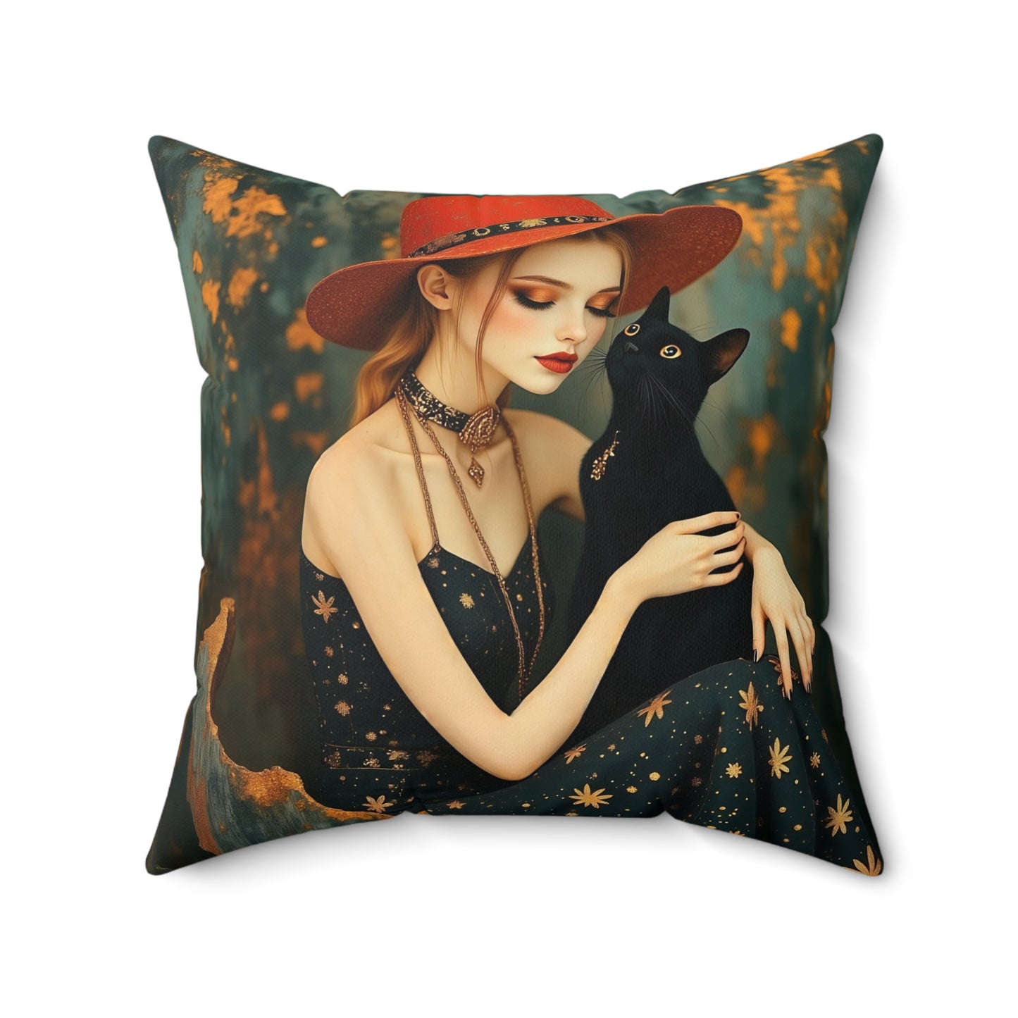 Girl with black cat Square Pillow - by Fairyhill Studio