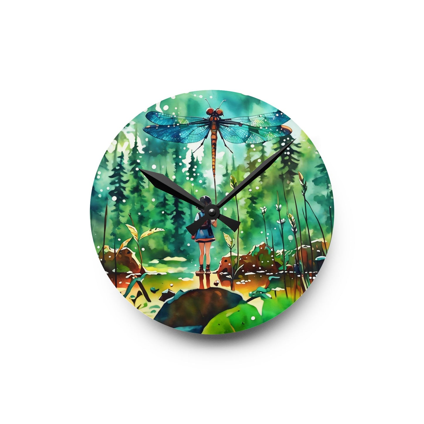 Wall Clock - Watercolor Art of Girl Flying Dragonfly Kite by Fairyhill Studio