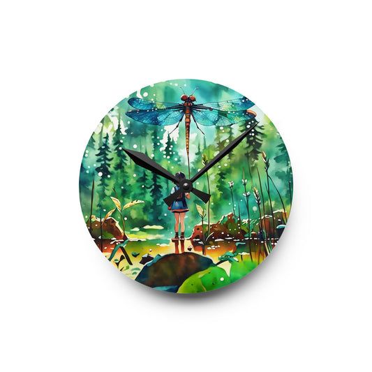 Wall Clock - Watercolor Art of Girl Flying Dragonfly Kite by Fairyhill Studio
