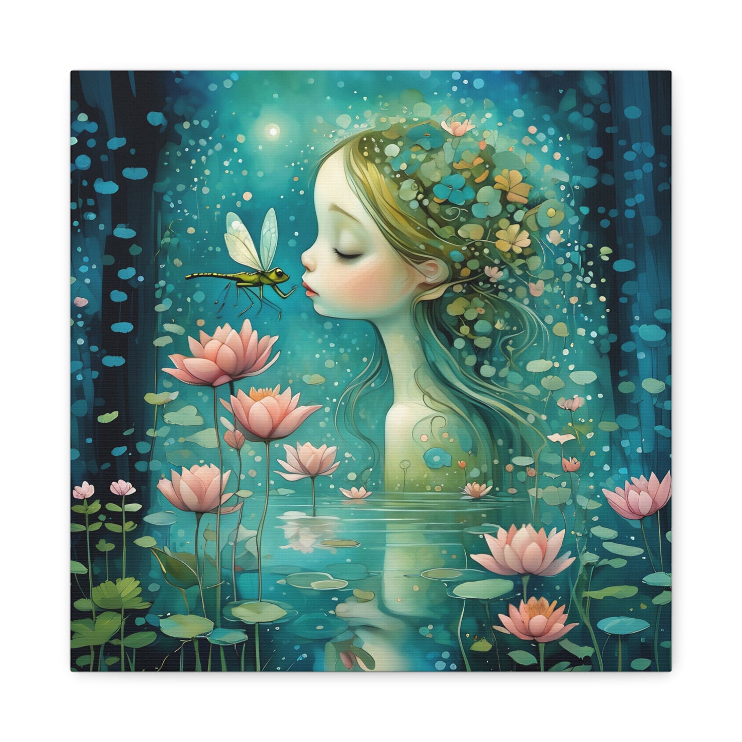 Whimsical Water  Fairy with a dragonfly Canvas Art - Enchanting Home Decor for Nature Lovers