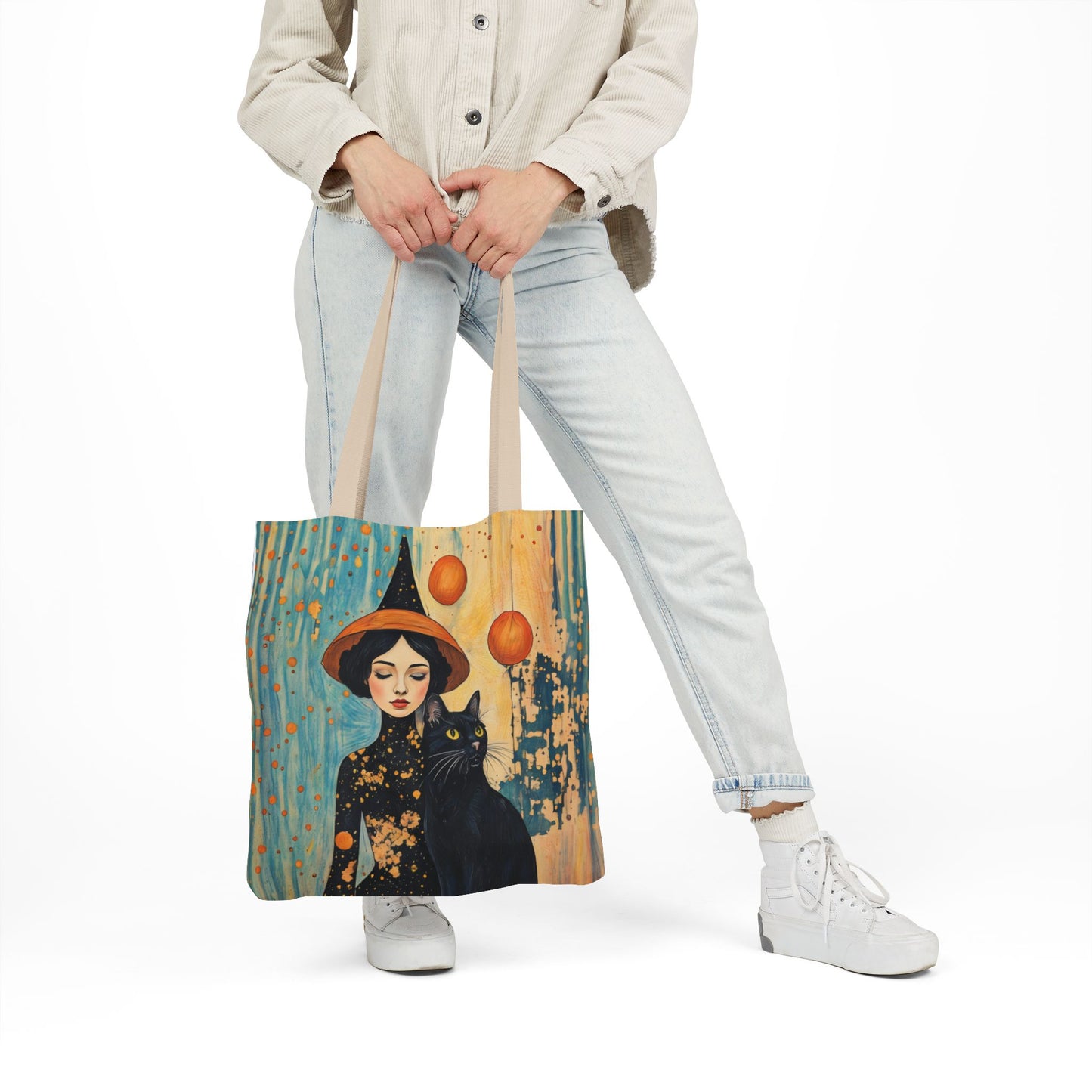 Colorful Witch and black cat-Inspired Canvas Tote Bag - Perfect for Beach Days, Eco-Friendly Shopping, and Summer Fun!