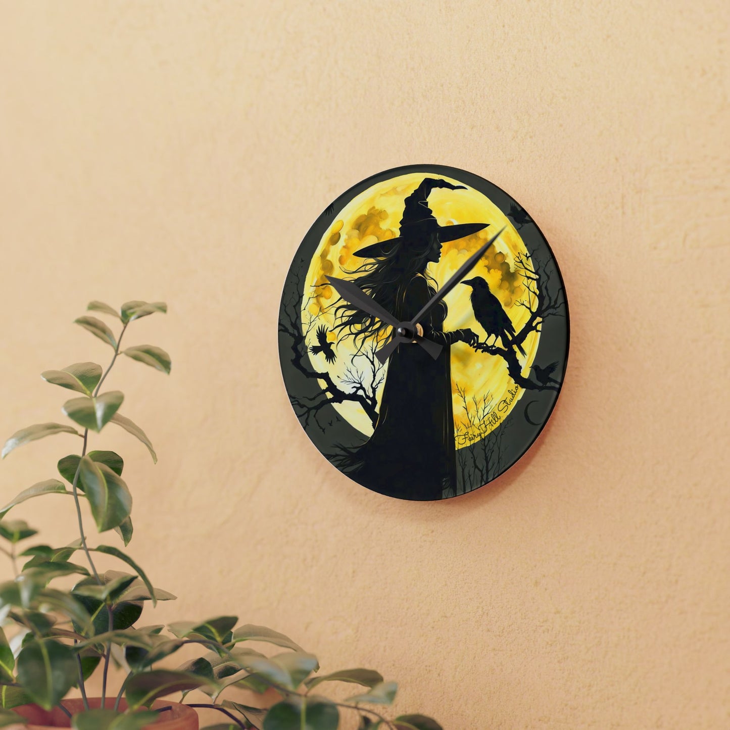 Wall Clock Moon Witch and Crow Halloween Decor