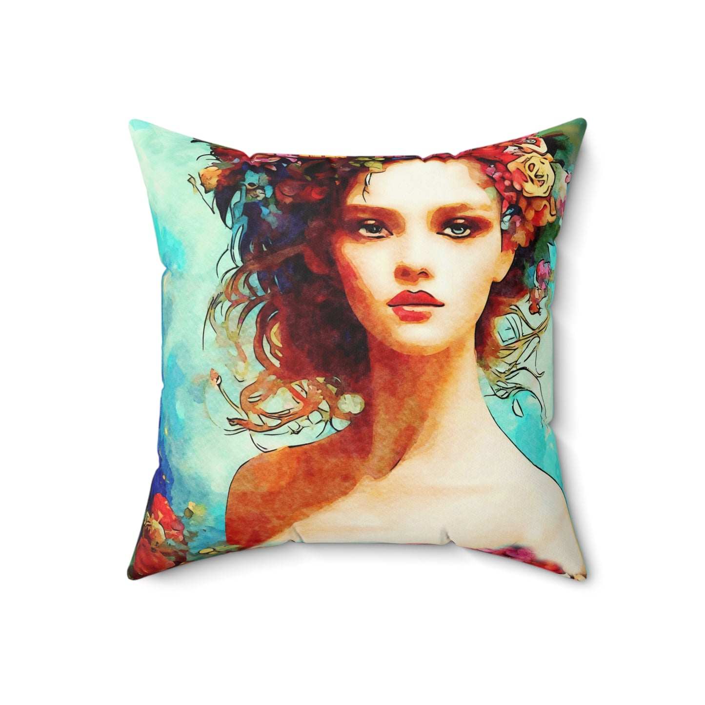 Pillow Cover - Summer Vibes Art with Beautiful Girl on Aqua Background by Fairyhill Studio