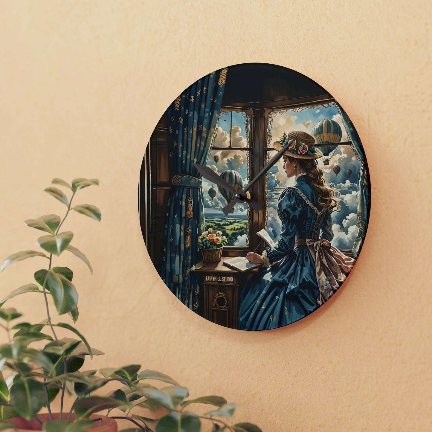 Acrylic Wall Clock -Victorian girl watching the Hot Air Balloons