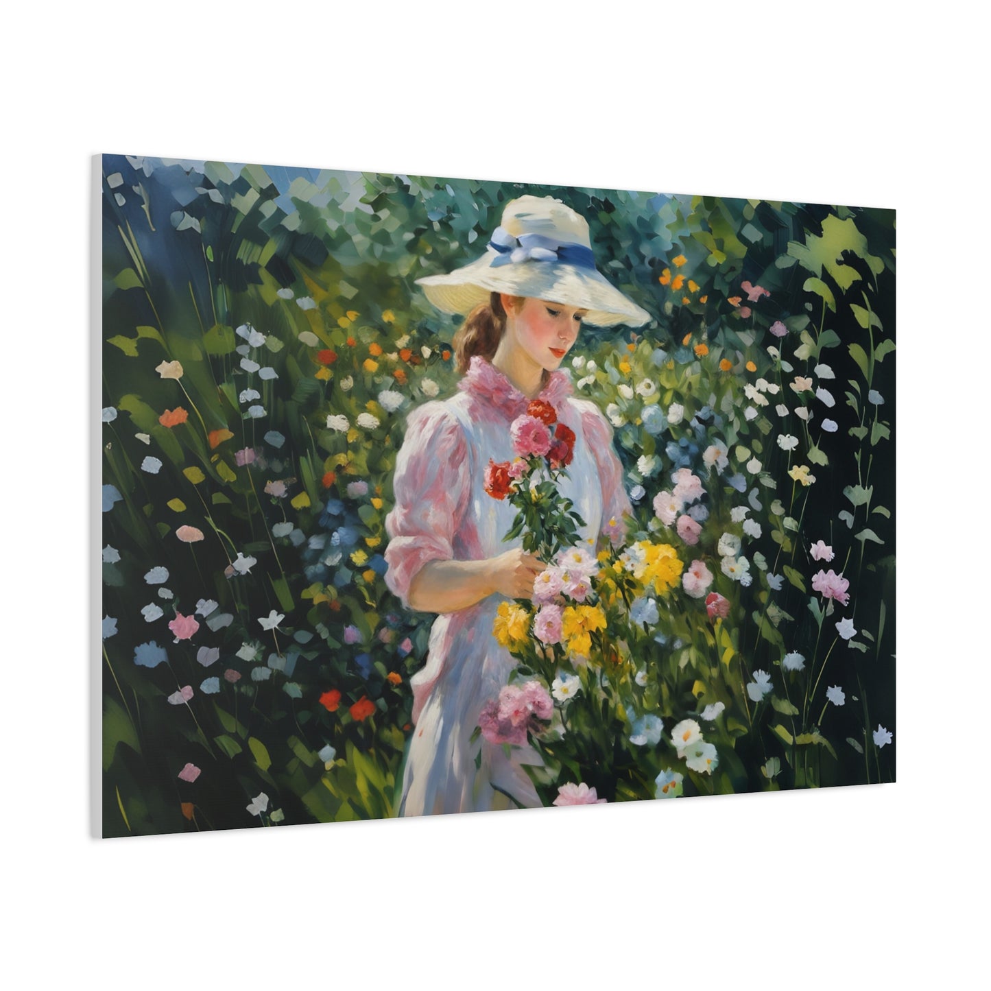 Canvas Art - Monet Style Floral Serenity with Elegant Woman and Flower Basket, Stretched Matte 1 25"