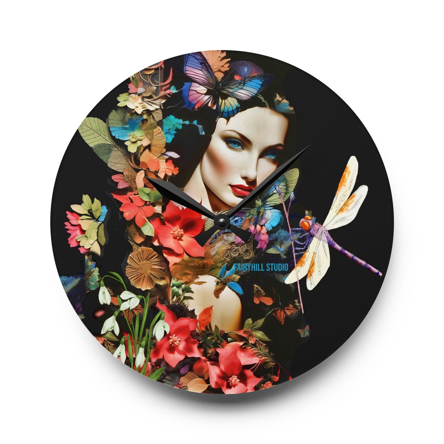 Acrylic Wall Clock -Lady in Nature with a Dragonfly /Art