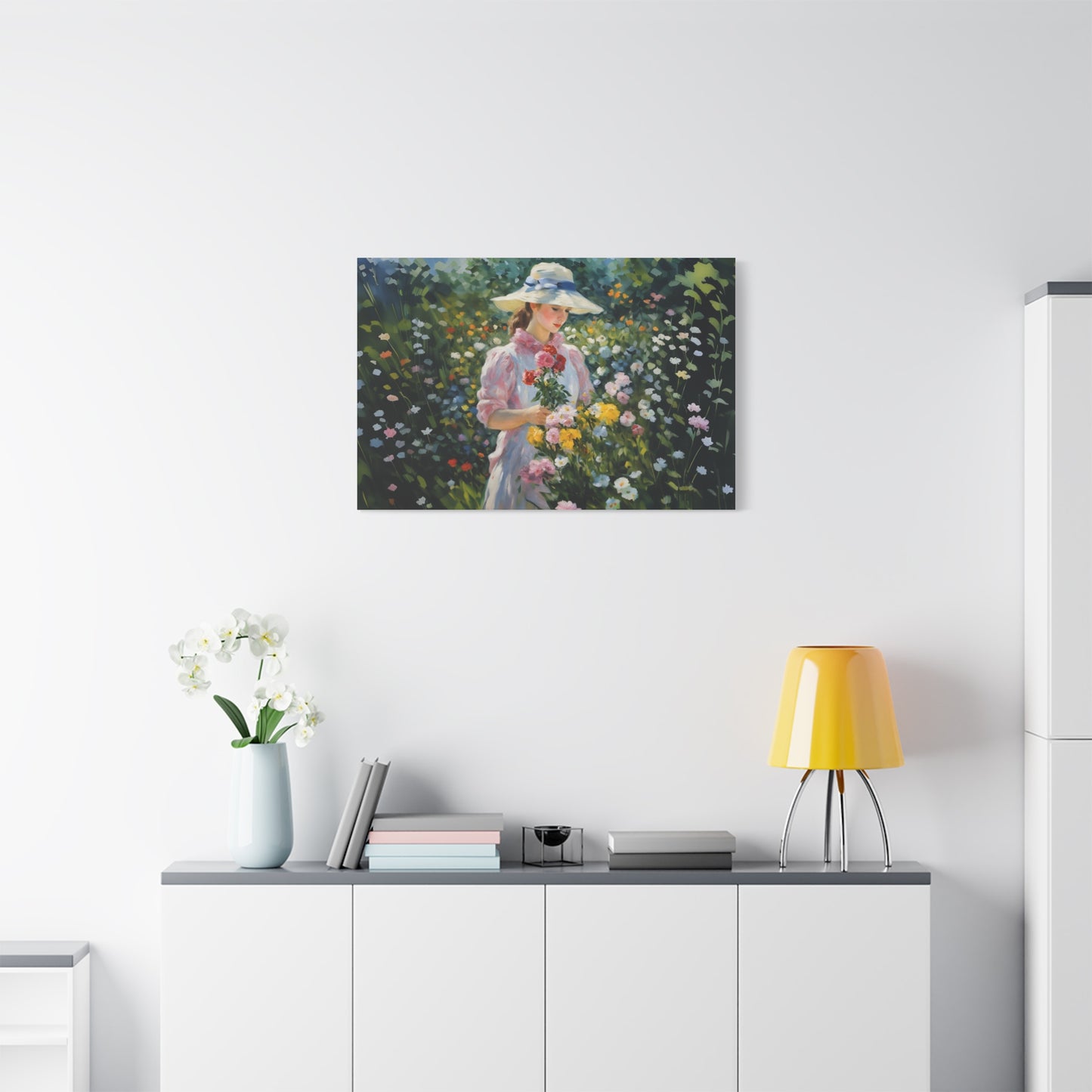 Canvas Art - Monet Style Floral Serenity with Elegant Woman and Flower Basket, Stretched Matte 1 25"