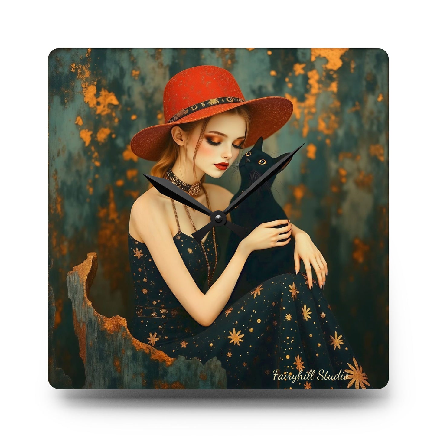 Girl with black cat Wall clock Gift Acrylic Wall Clock