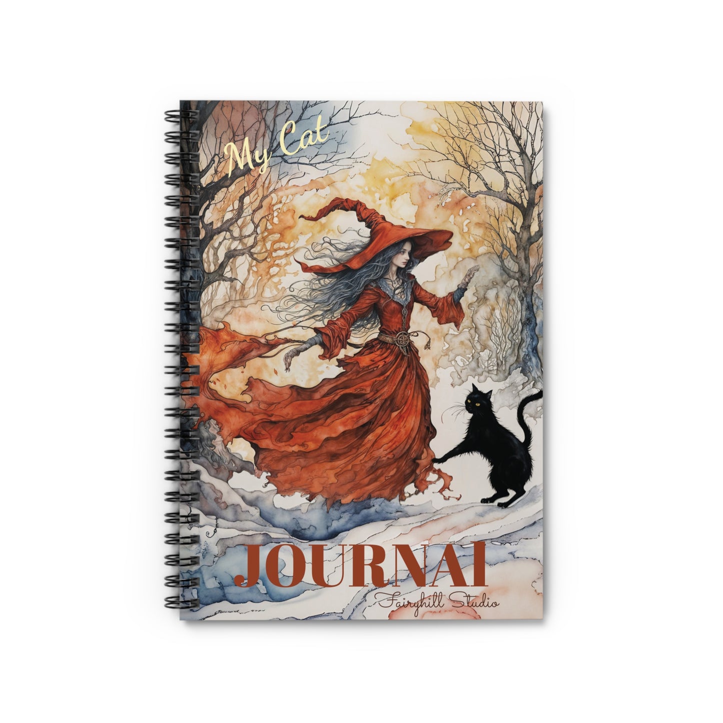 Spiral Notebook - Crimson witch Be Mindful Girl  with a black cat art Journal