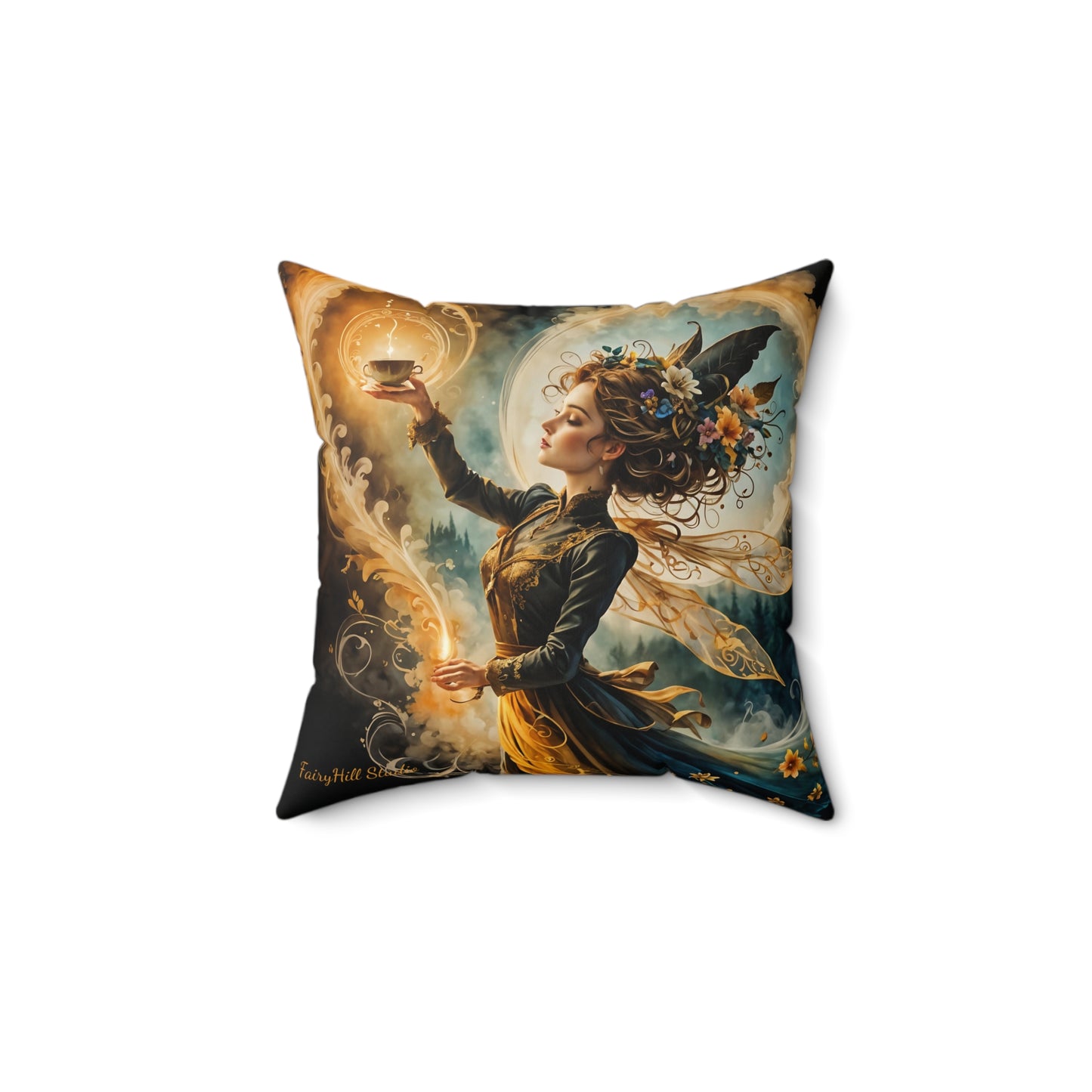 Square Pillow - Lovely Magical Fairy Holding a Candle Whimsical Art by Fairyhill Studio