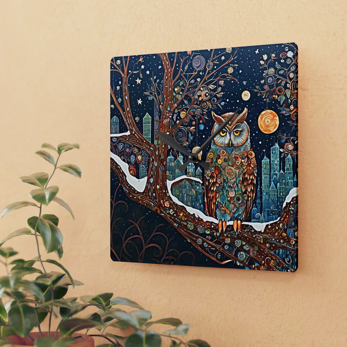 Winter Snow Owl Acrylic Wall Clock
