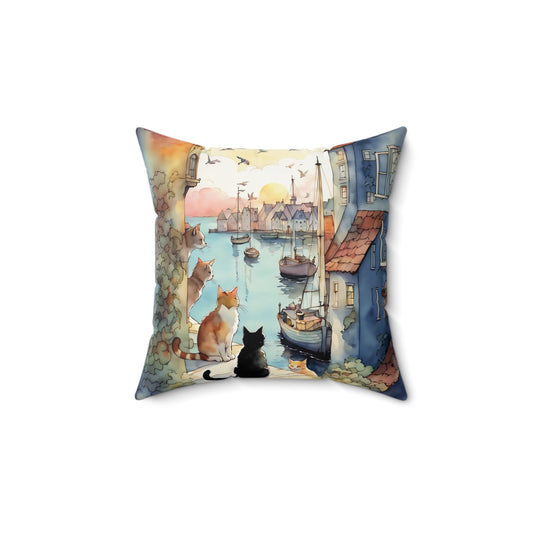 Cats by the Sea Square Pillow - by Fairyhill Studio