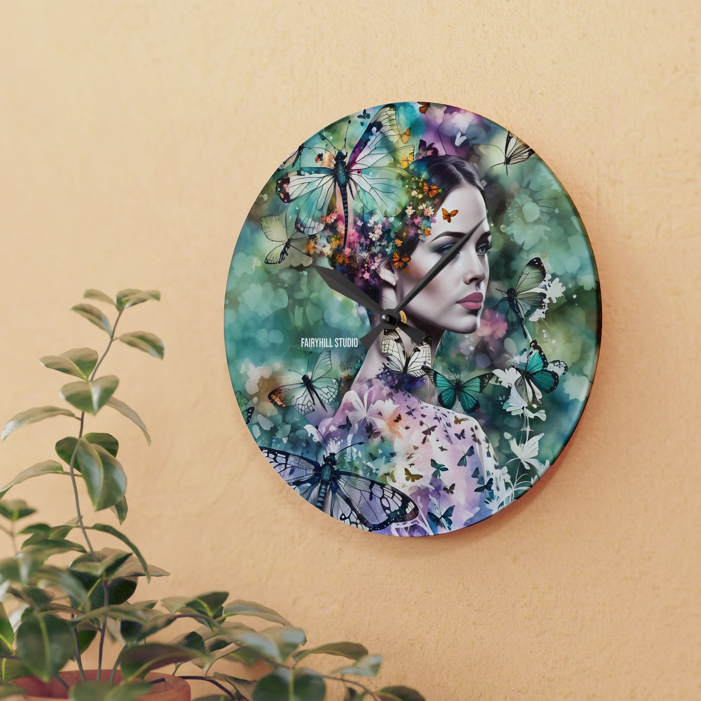 Acrylic Wall ClockLady in Butterfly Santuary /Art