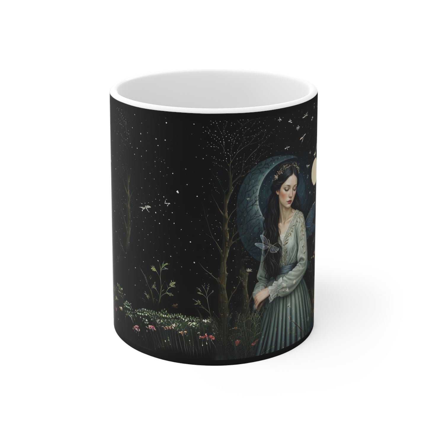 Mug 11oz Woman in Moonlight Night Garden with Butterflies Art by Fairyhill Studio