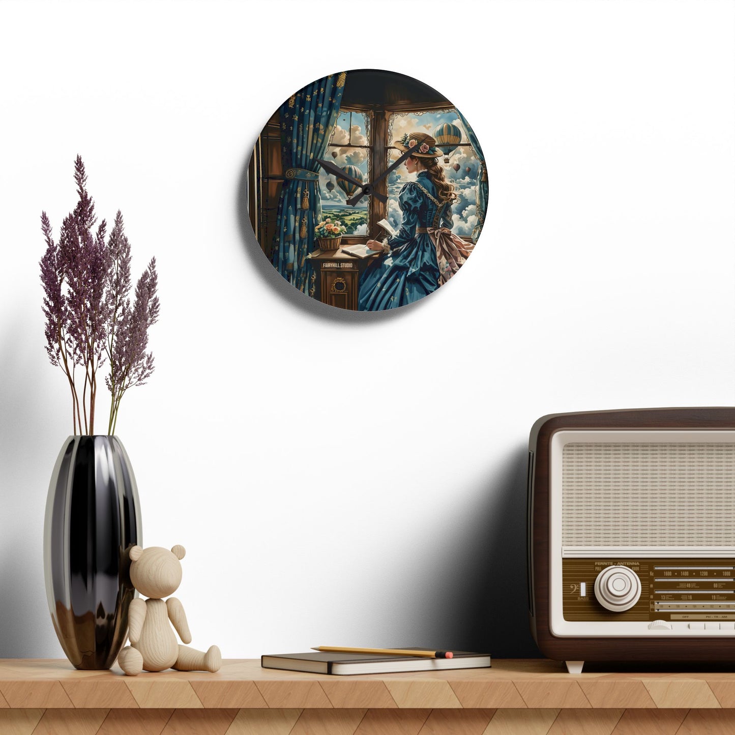 Acrylic Wall Clock -Victorian girl watching the Hot Air Balloons