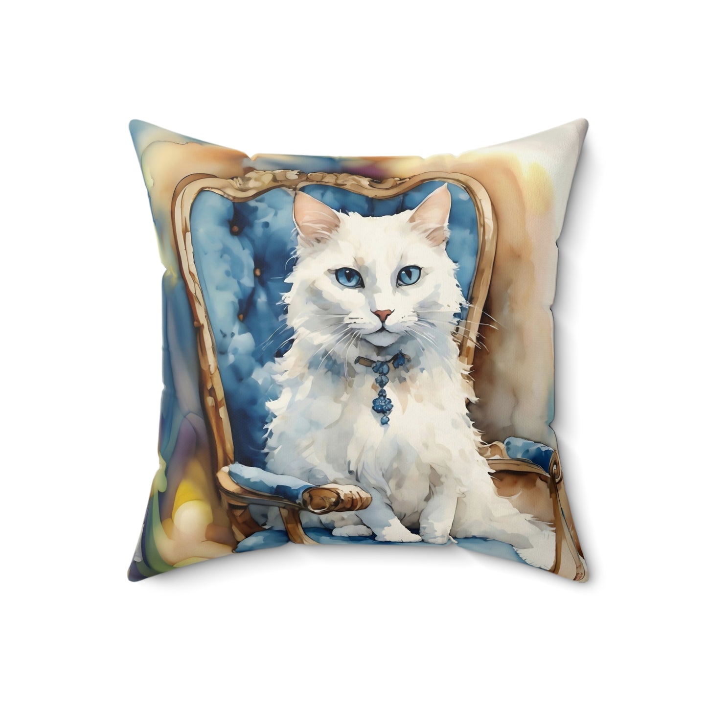 Square Pillow Adorable White Cat with Blue Eyes Art by Fairyhill Studio