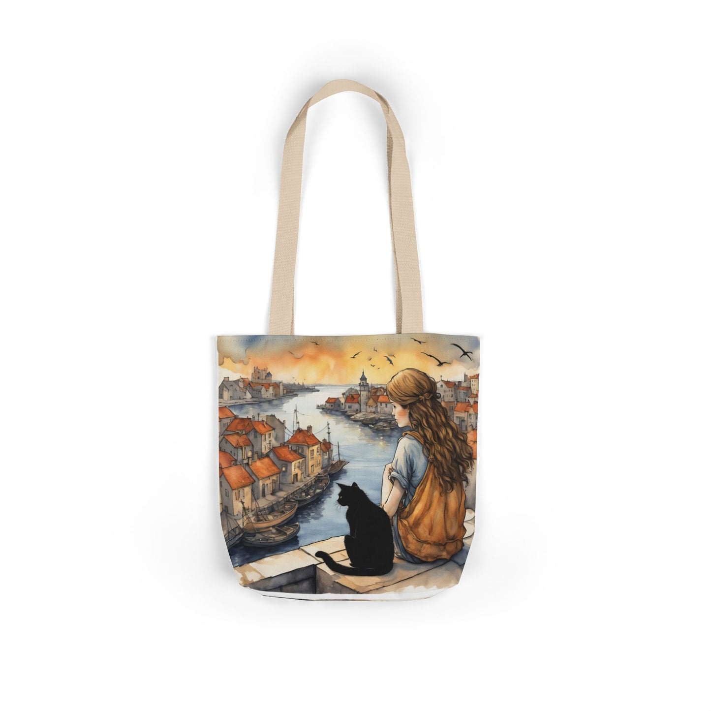 Girl with a Black cat on a roof top FairyHill Studio Red phone- Canvas Tote Bag - Perfect for Beach Days, Eco-Friendly Shopping, and Summer Fun!