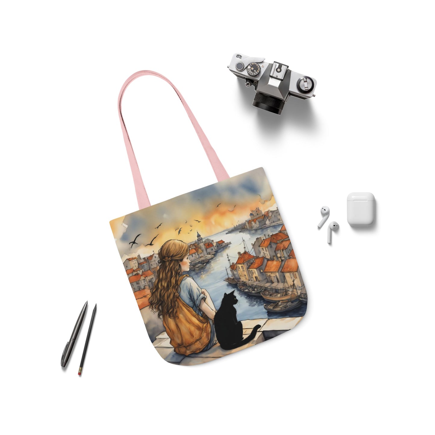 Girl with a Black cat on a roof top FairyHill Studio Red phone- Canvas Tote Bag - Perfect for Beach Days, Eco-Friendly Shopping, and Summer Fun!