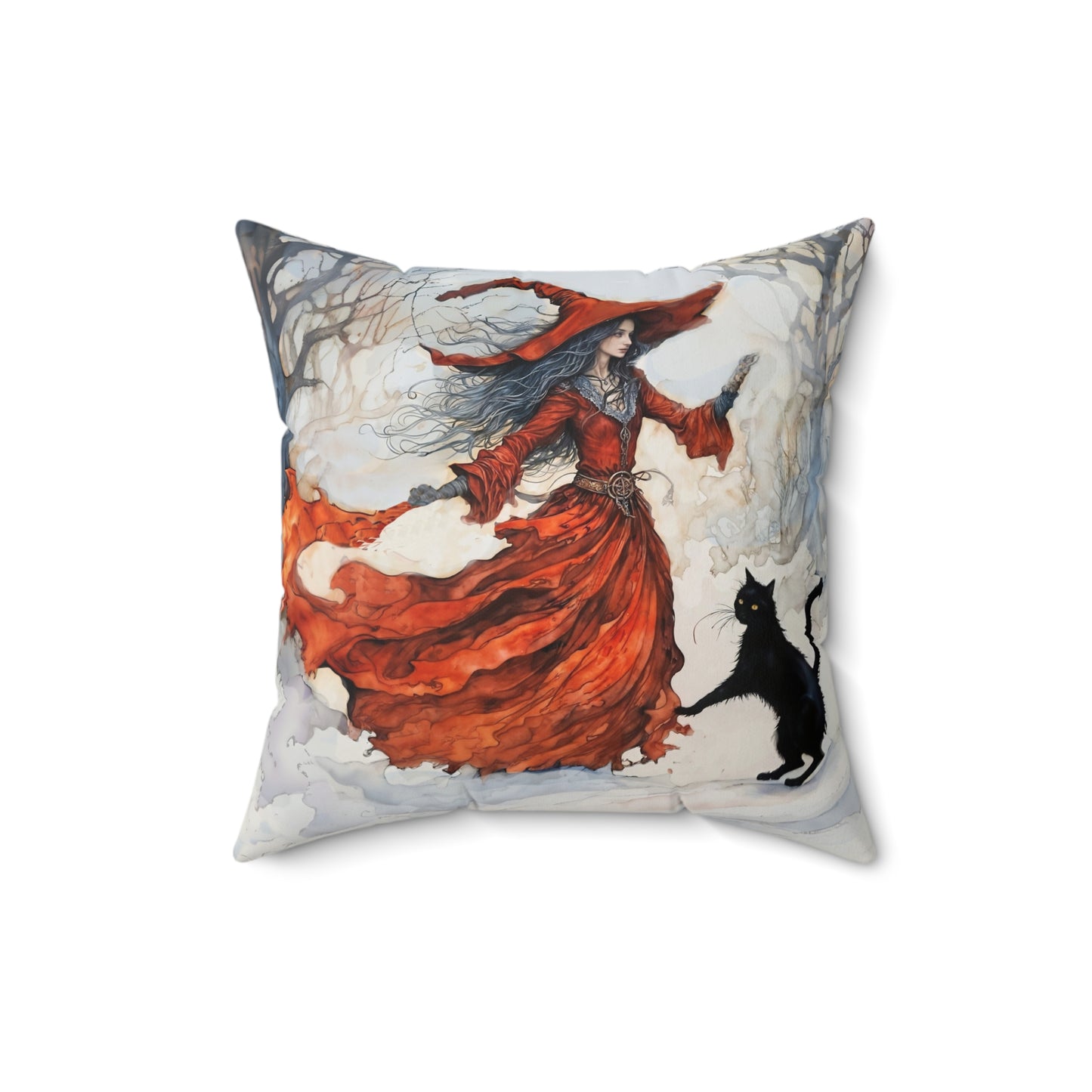 Crimson snow witch with black cat pillow  Square Pillow - by Fairyhill Studio