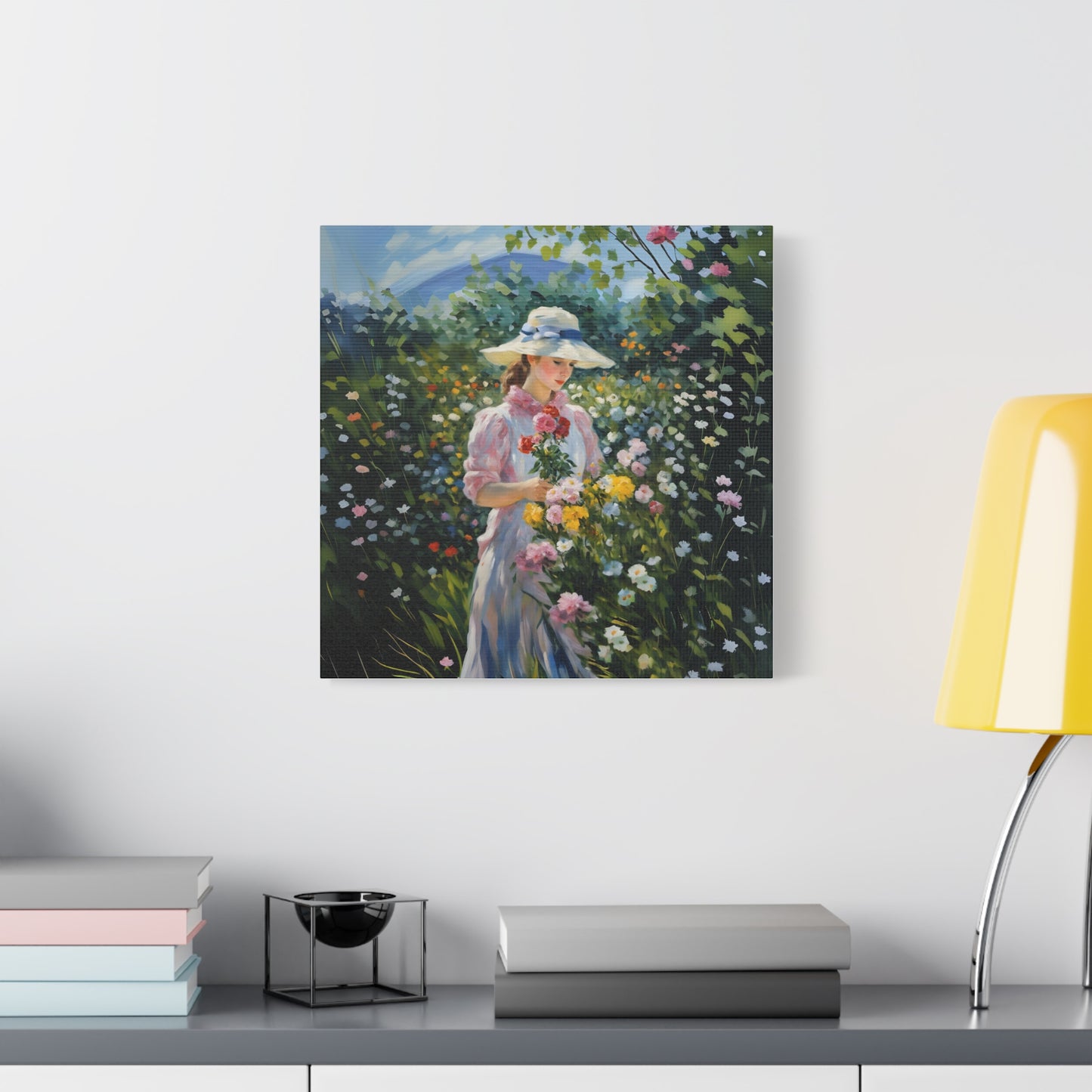 Canvas Art - Monet Style Floral Serenity with Elegant Woman and Flower Basket, Stretched Matte 1 25"