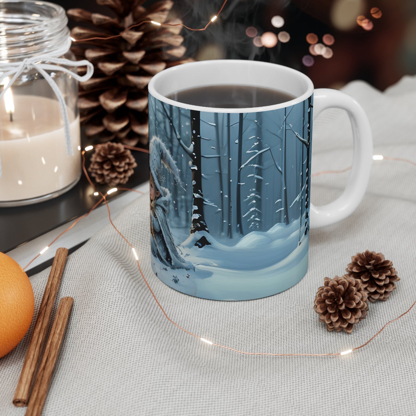 Mug 11oz - Winter Elf and Dragonfly Lantern Christmas Art