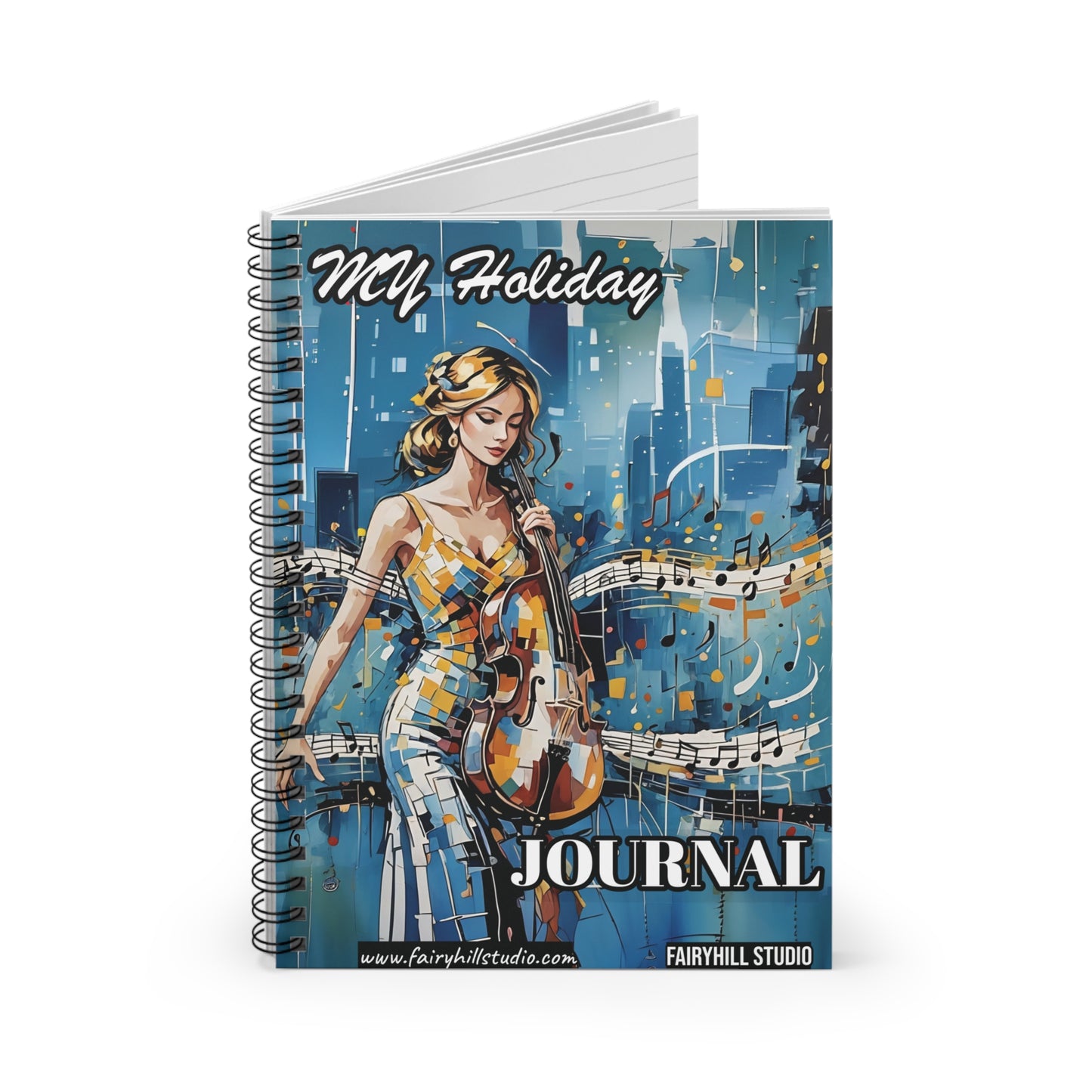 Spiral Notebook Christmas holiday journal with violin ,girl and music notes - Ruled Line