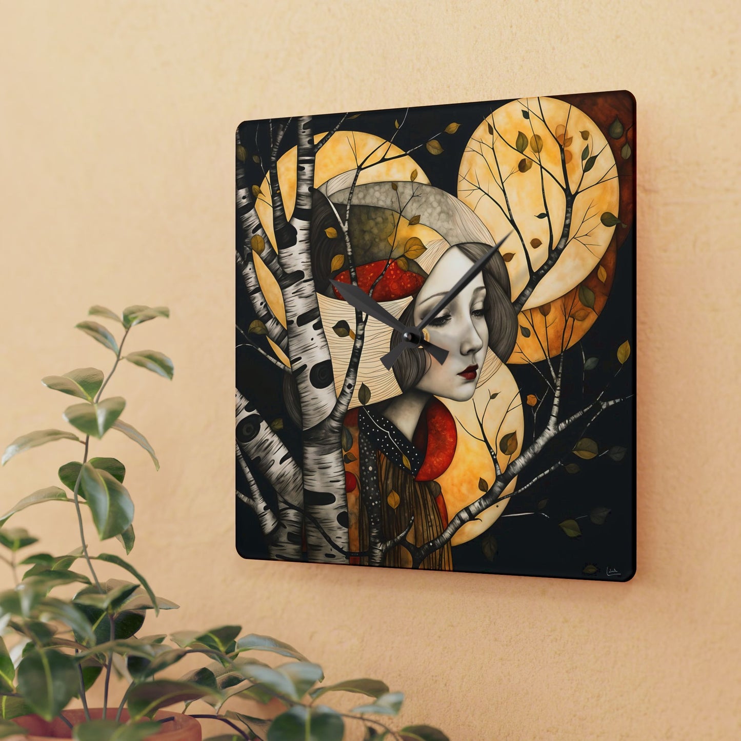 Acrylic Wall Clock - Girl with Moon Forest Art