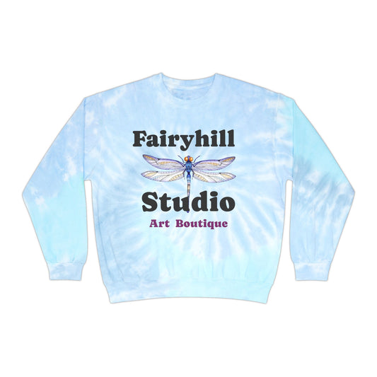 Fairyhill Studio Tie-Dye Sweatshirt, Artistic Sweatshirt, Cozy Fashion, Unique Gift, Dragonfly Design, Unisex Apparel