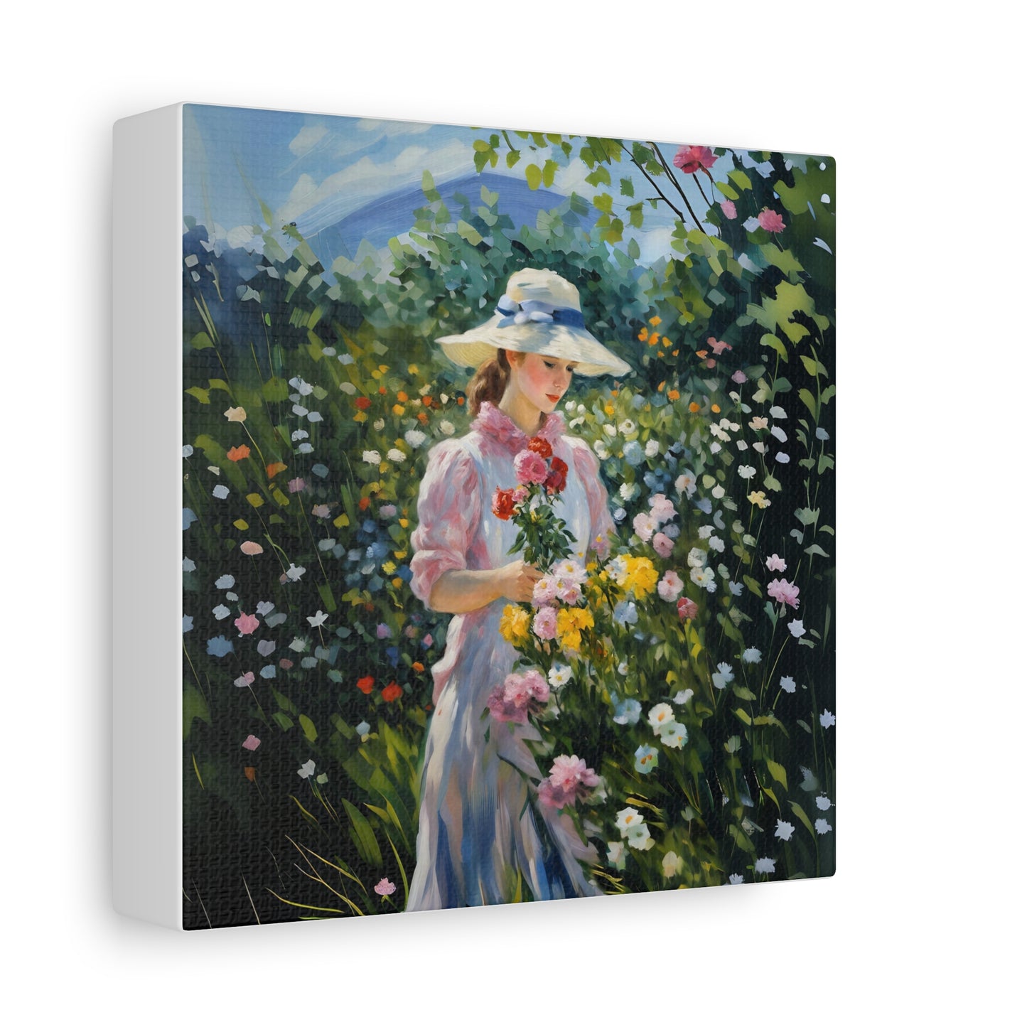 Canvas Art - Monet Style Floral Serenity with Elegant Woman and Flower Basket, Stretched Matte 1 25"