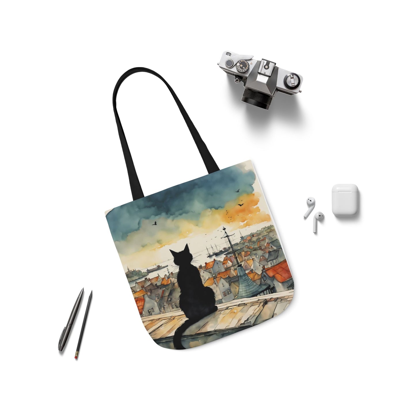 Black cat on a roof top FairyHill Studio Red phone- Canvas Tote Bag - Perfect for Beach Days, Eco-Friendly Shopping, and Summer Fun!
