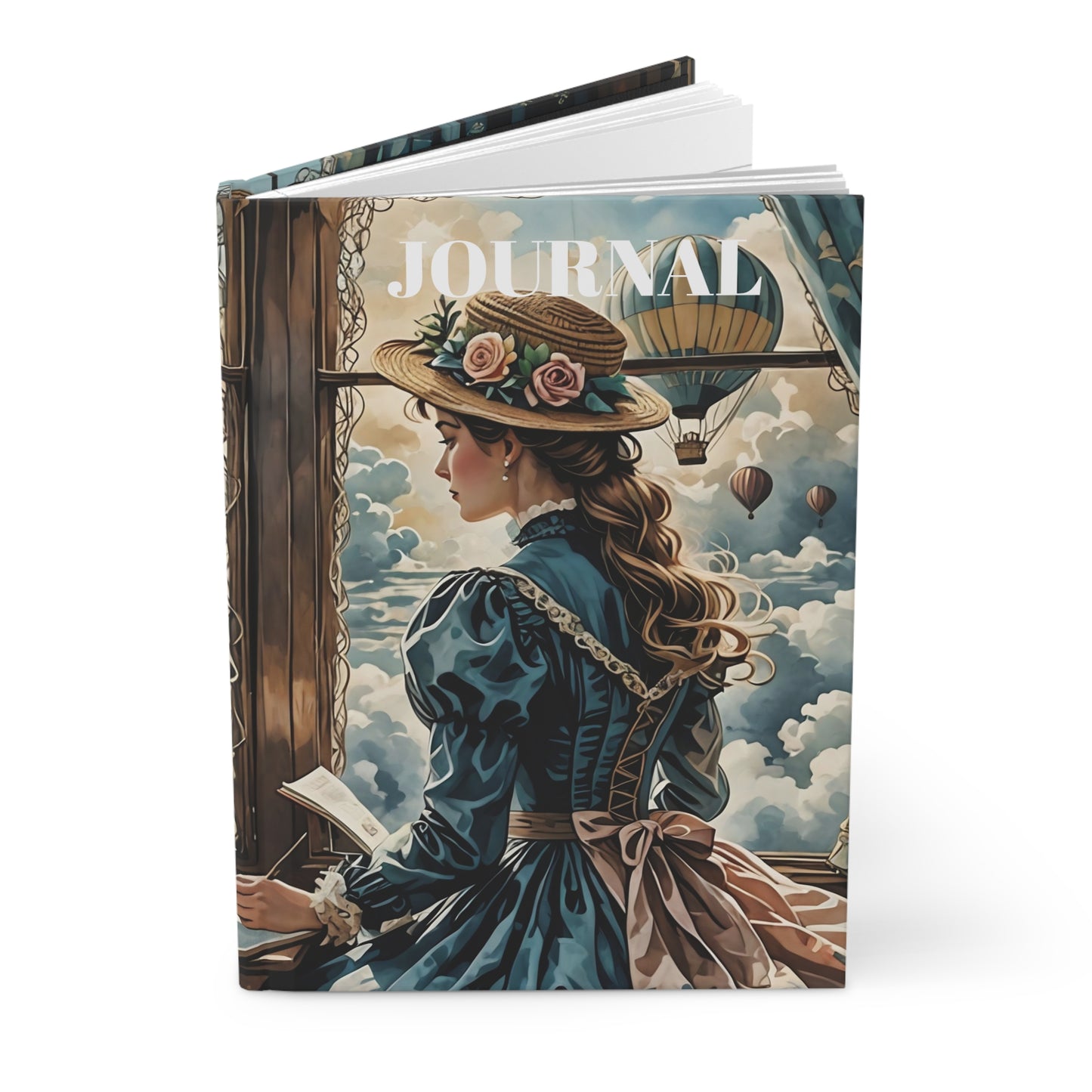 Hardcover Journal Victorian girl watching the hot air balloons Art