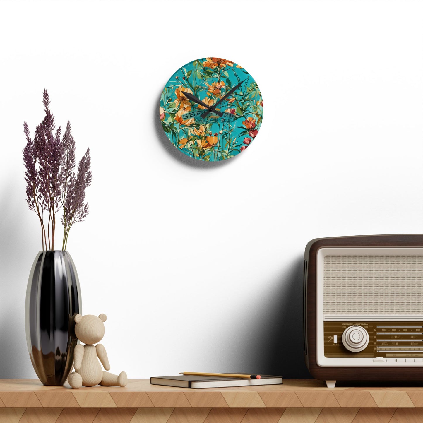 Acrylic Wall Clock blue orange wild flowers