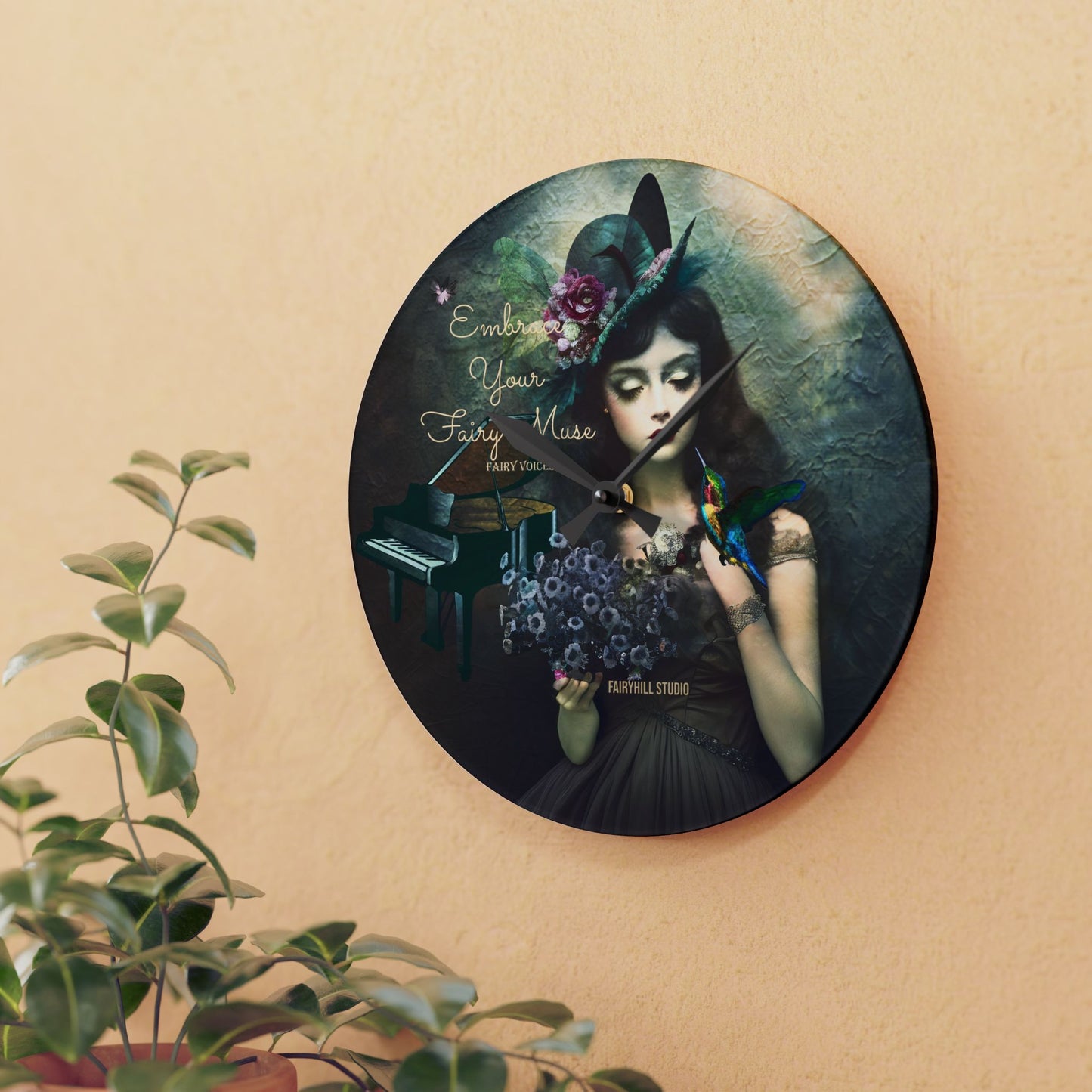 Wall Clock - Fairy Muse Girl with Hat and Hummingbird Art