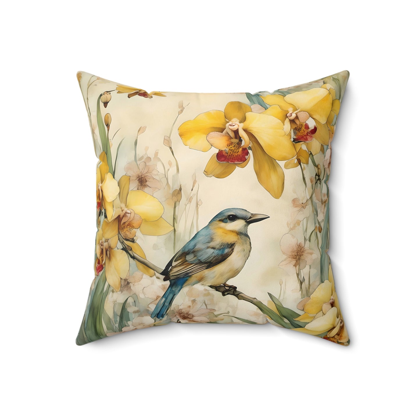 Square Pillow - Yellow Bird Sitting on a Bush - Pastel Tones - Fairyhill Studio Art