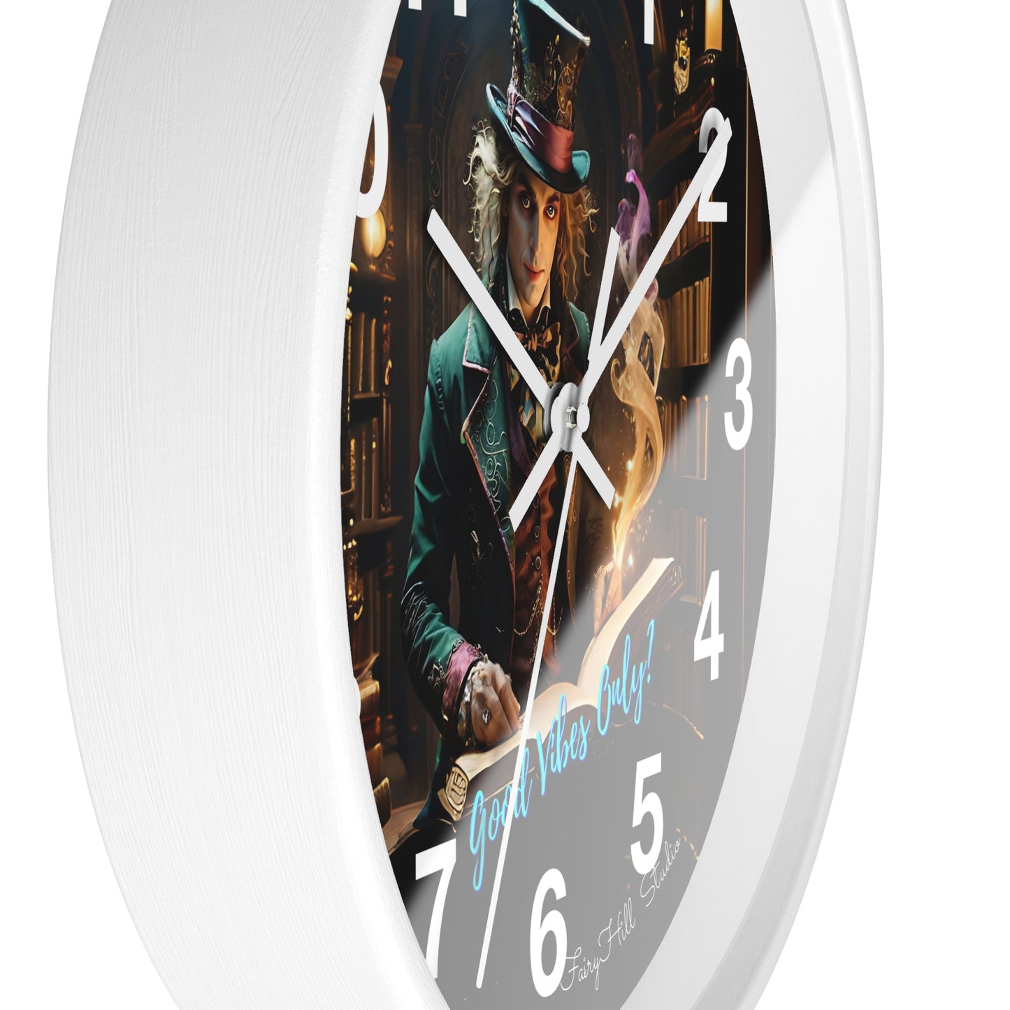 Whimsical Wall Clock - Good Vibes Only, Mad Hatter in a  Library Design