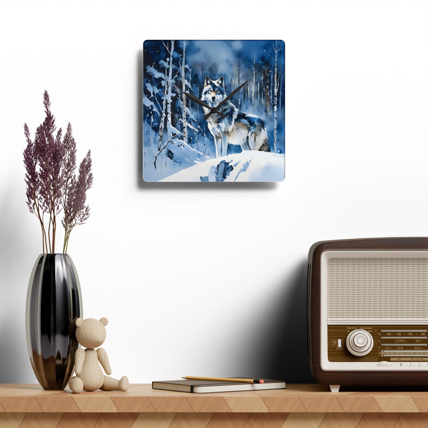 Acrylic Wall Clock - Winter Wolf at Night Blue/Black Art by Fairyhill Studio