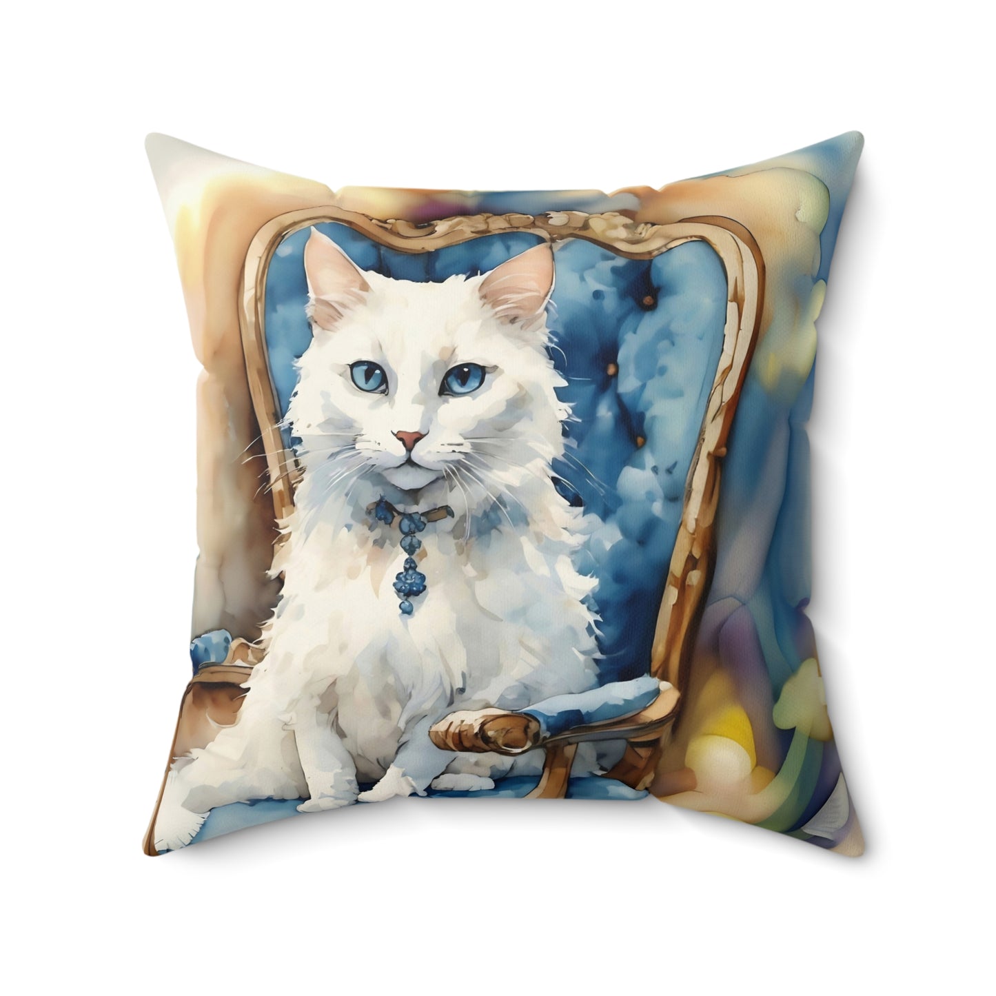 Square Pillow Adorable White Cat with Blue Eyes Art by Fairyhill Studio
