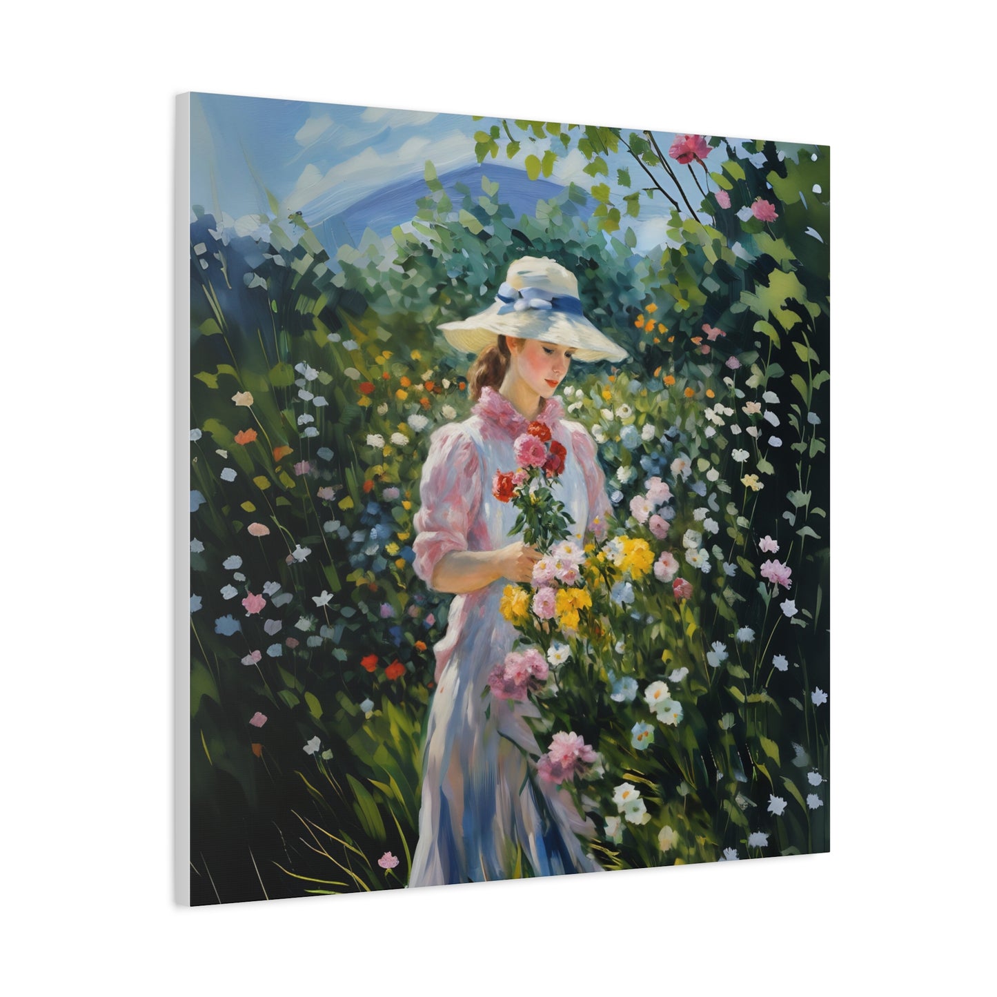 Canvas Art - Monet Style Floral Serenity with Elegant Woman and Flower Basket, Stretched Matte 1 25"